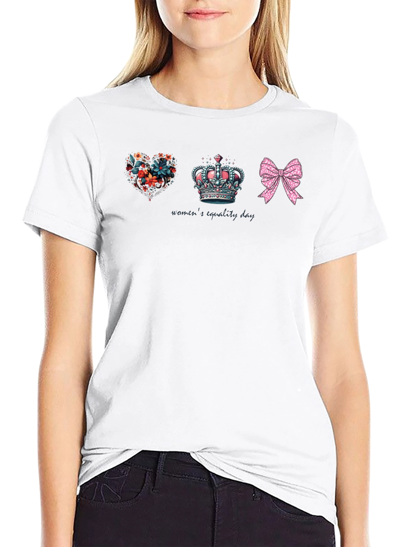 Black Floral Heart Crown Bow Graphic Tee - Unisex view 9