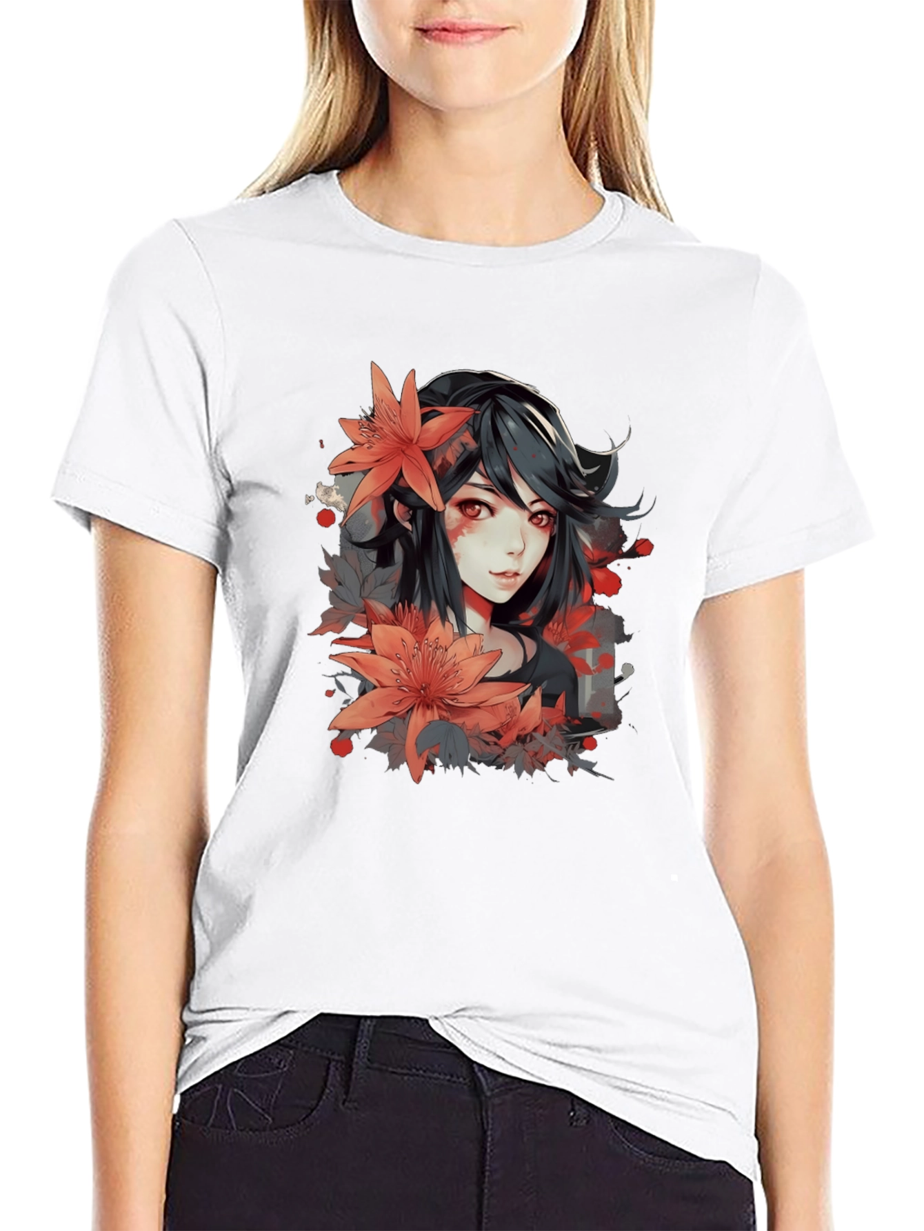 Black Anime Girl Floral Graphic Black T-Shirt view 9