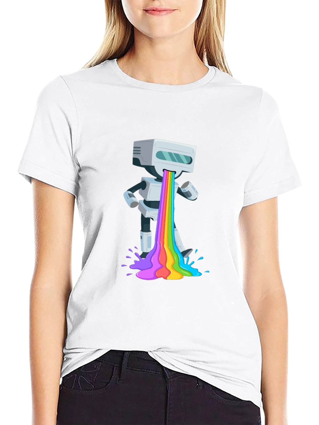 Black Robot Rainbow Puke Graphic T-Shirt view 9