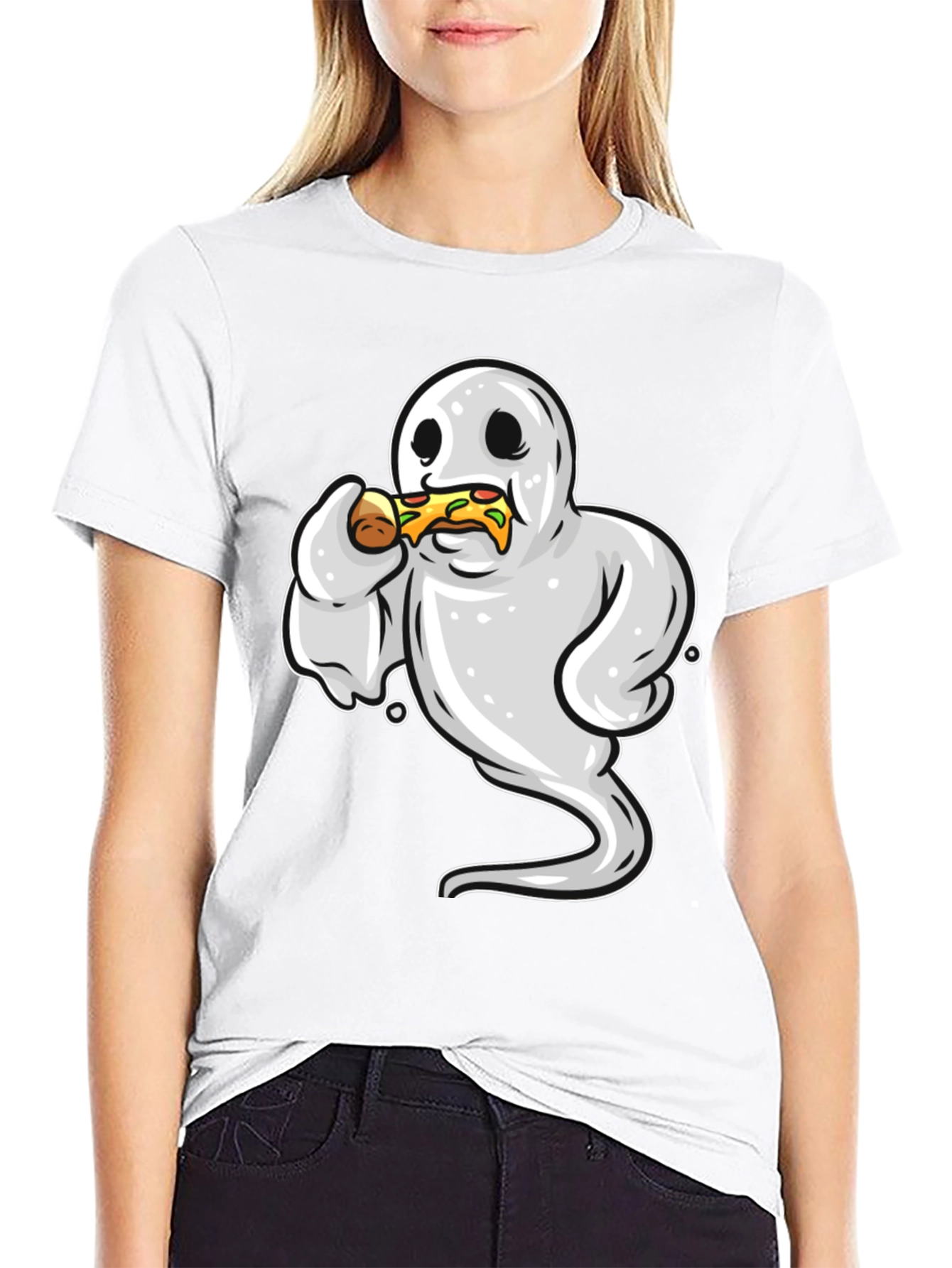 Black Ghost Eating Pizza Funny Graphic Tee view 9