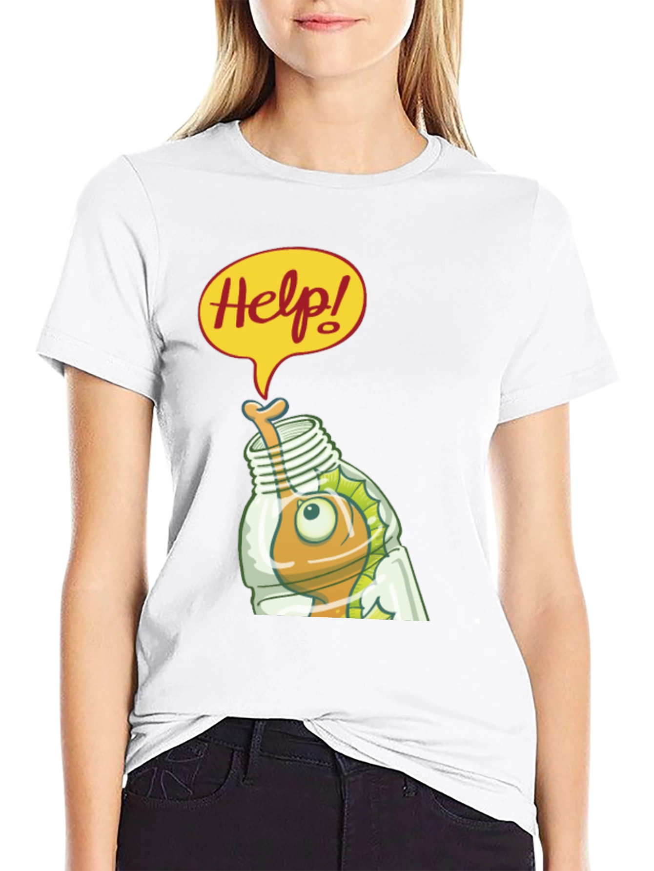 Black Help! Cartoon Fish in Bottle Graphic T-Shirt view 9
