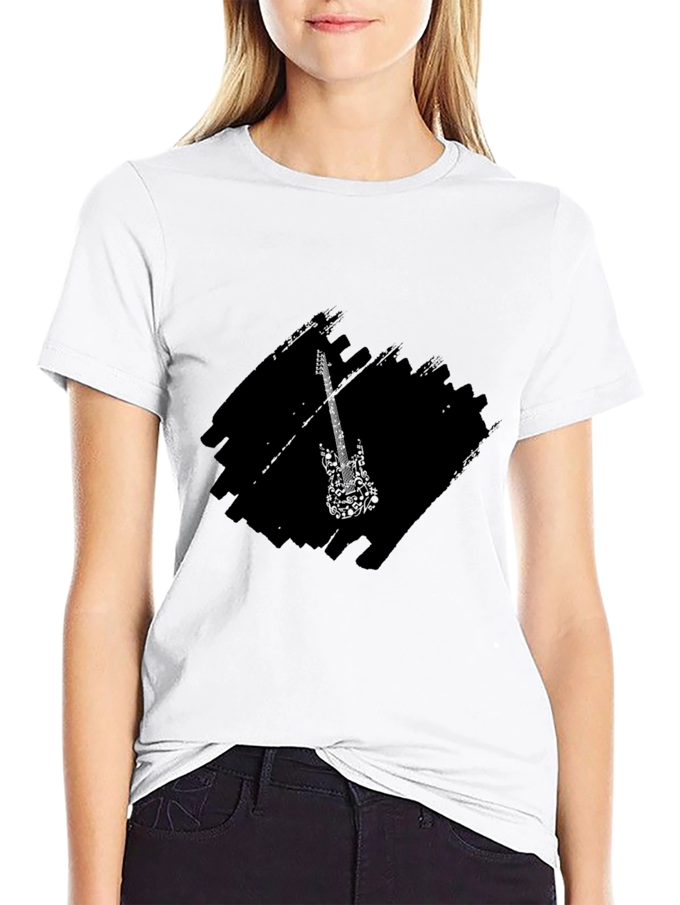 Black Black Graphic Tee with Guitar Design view 9