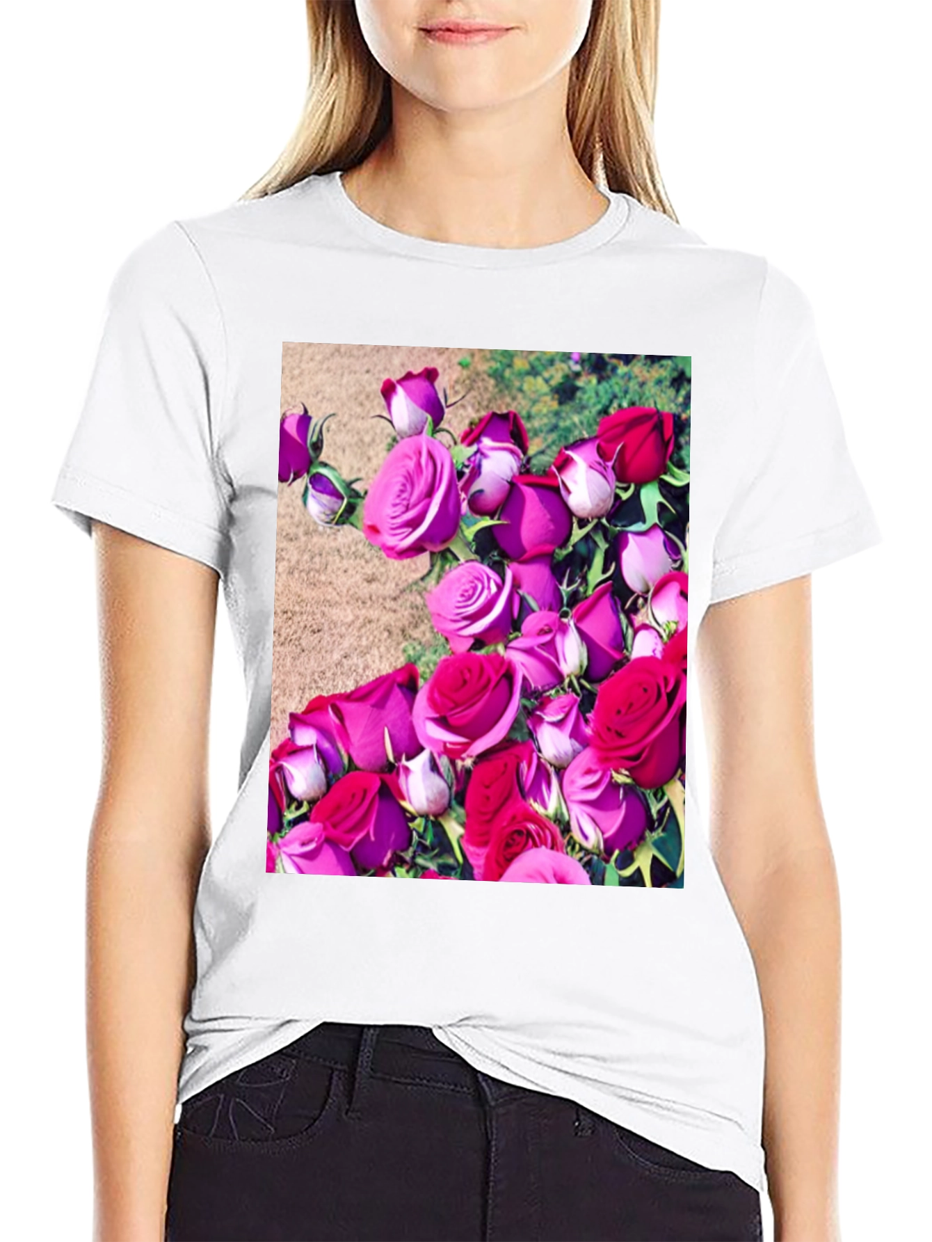 Black Floral Print T-Shirt: Roses Graphic Tee view 9