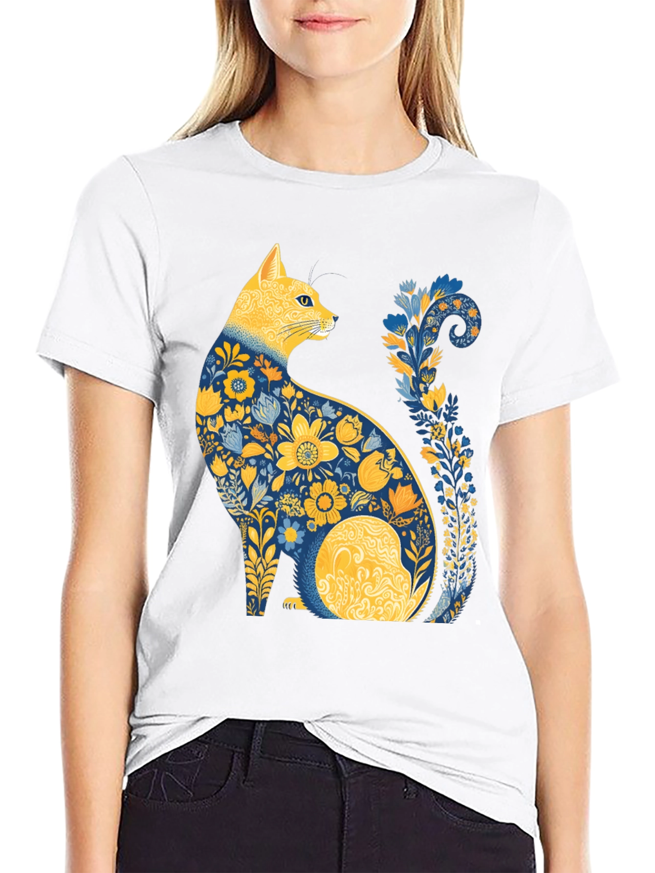 Black Floral Cat T-Shirt - Unique Artistic Design view 9