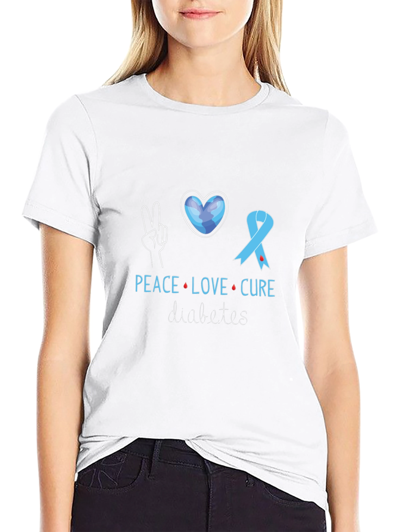 Black Peace Love Cure Diabetes Awareness T-Shirt view 9
