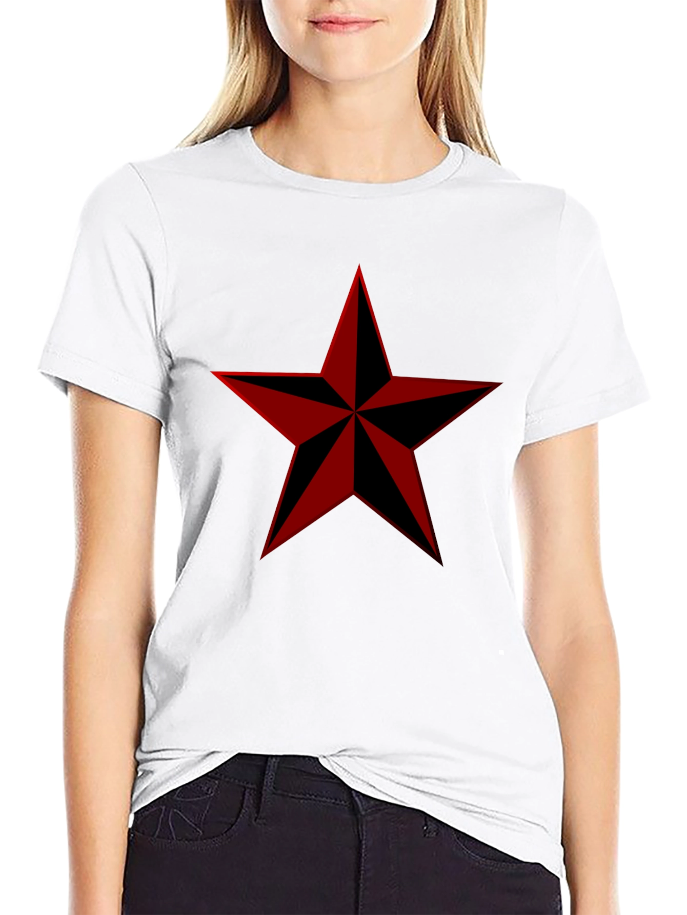 Red Nautical Star Graphic Print Black T-Shirt - 9