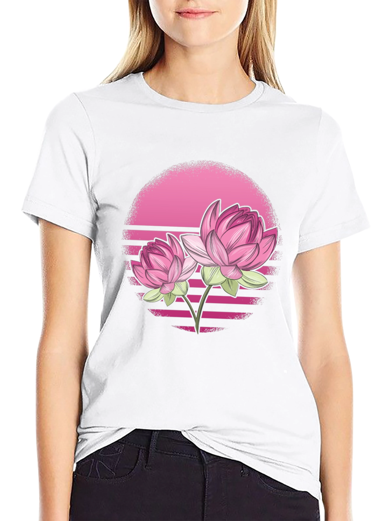 Black Pink Lotus Flower Graphic T-Shirt - Black view 9