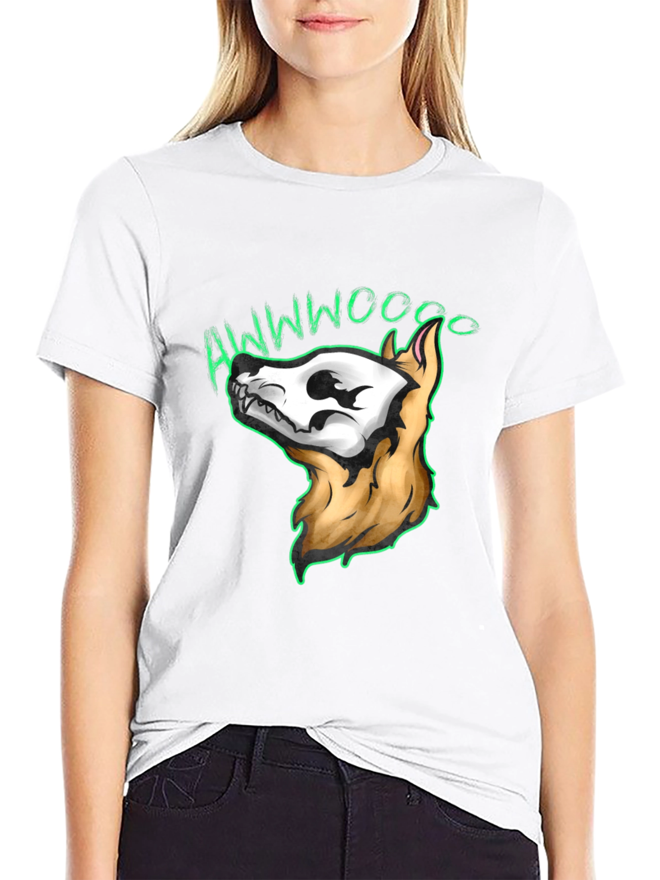Black Awwwwoooo Skeleton Dog T-Shirt view 9