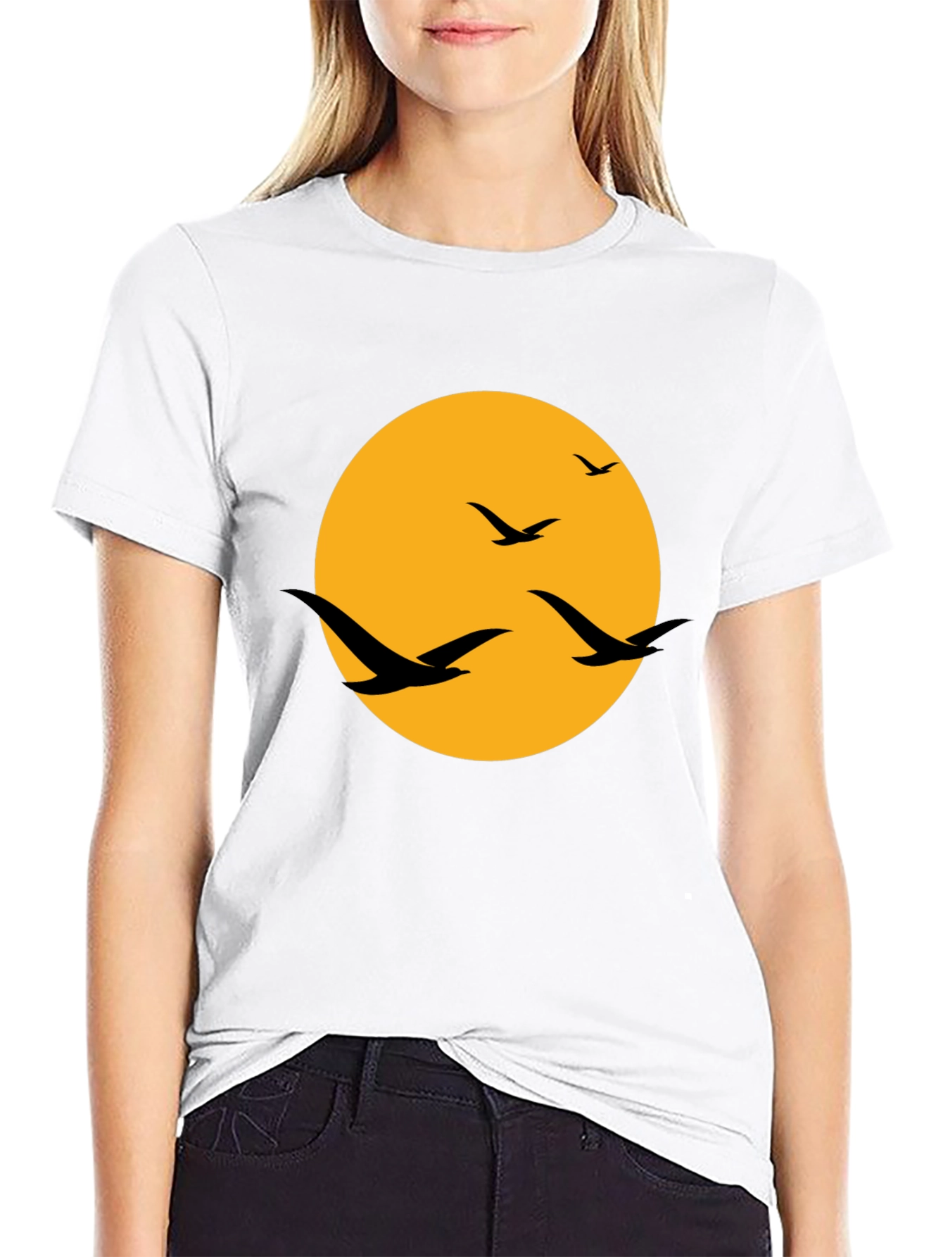 Black Men's Black T-Shirt with Birds and Moon Design view 9