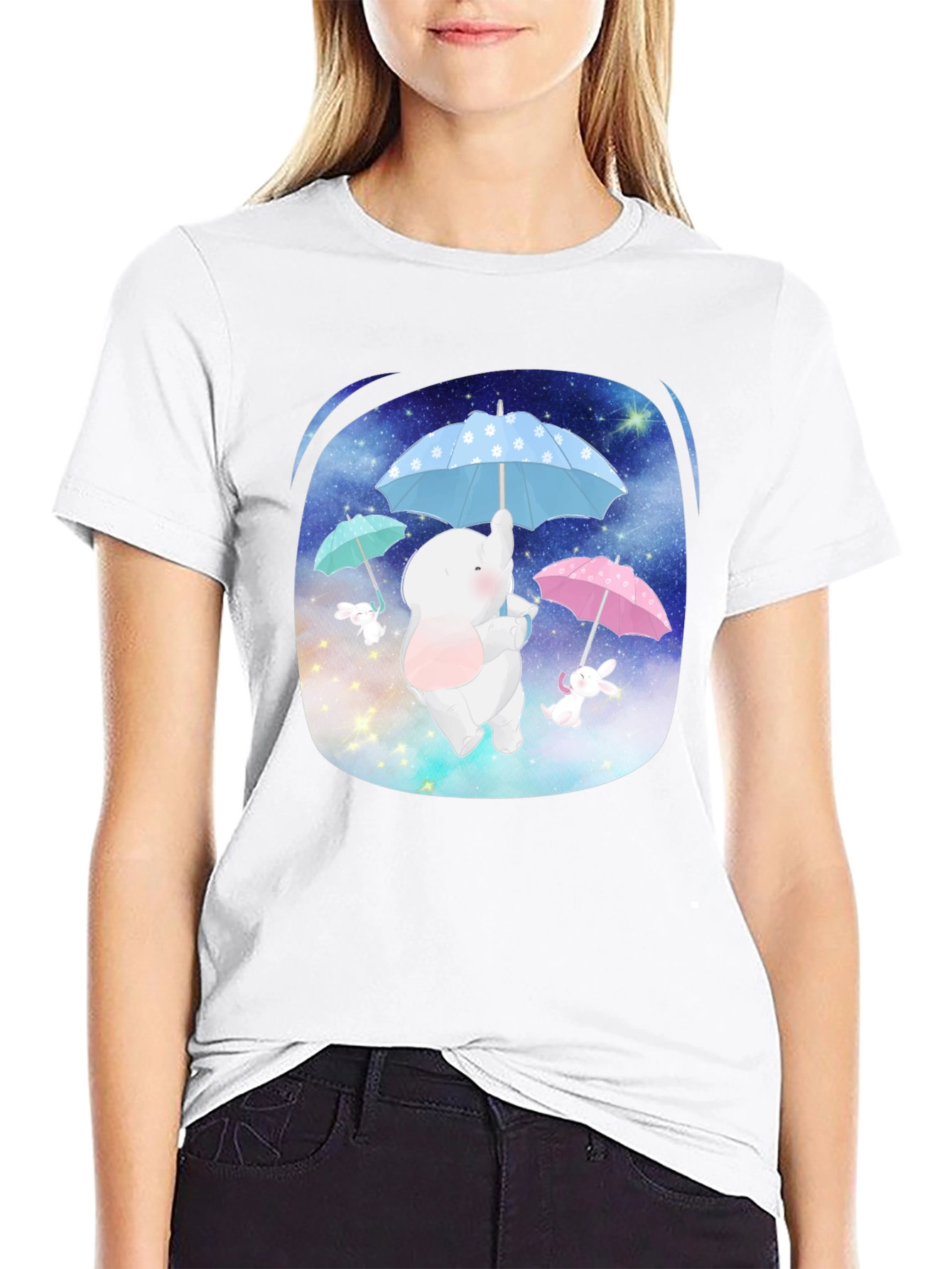Black Cute Elephant & Bunny Tee - Dreamy Design view 9