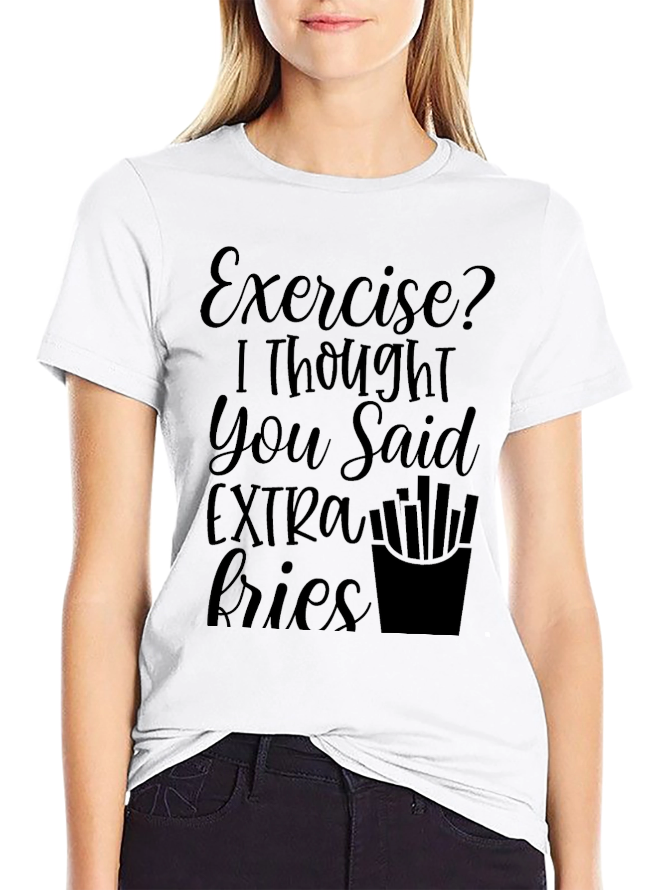 Black Funny Exercise Extra Fries Graphic T-Shirt view 9