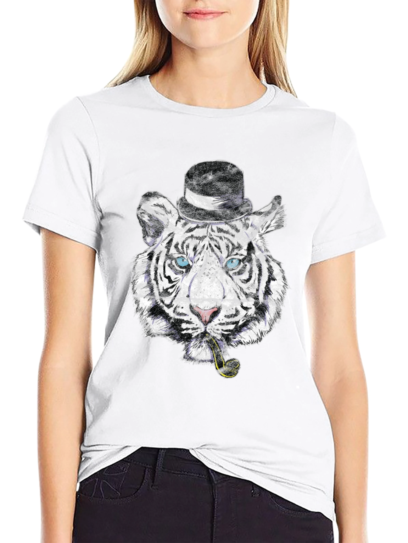 Black Tiger with Hat & Pipe Black Graphic Tee view 9