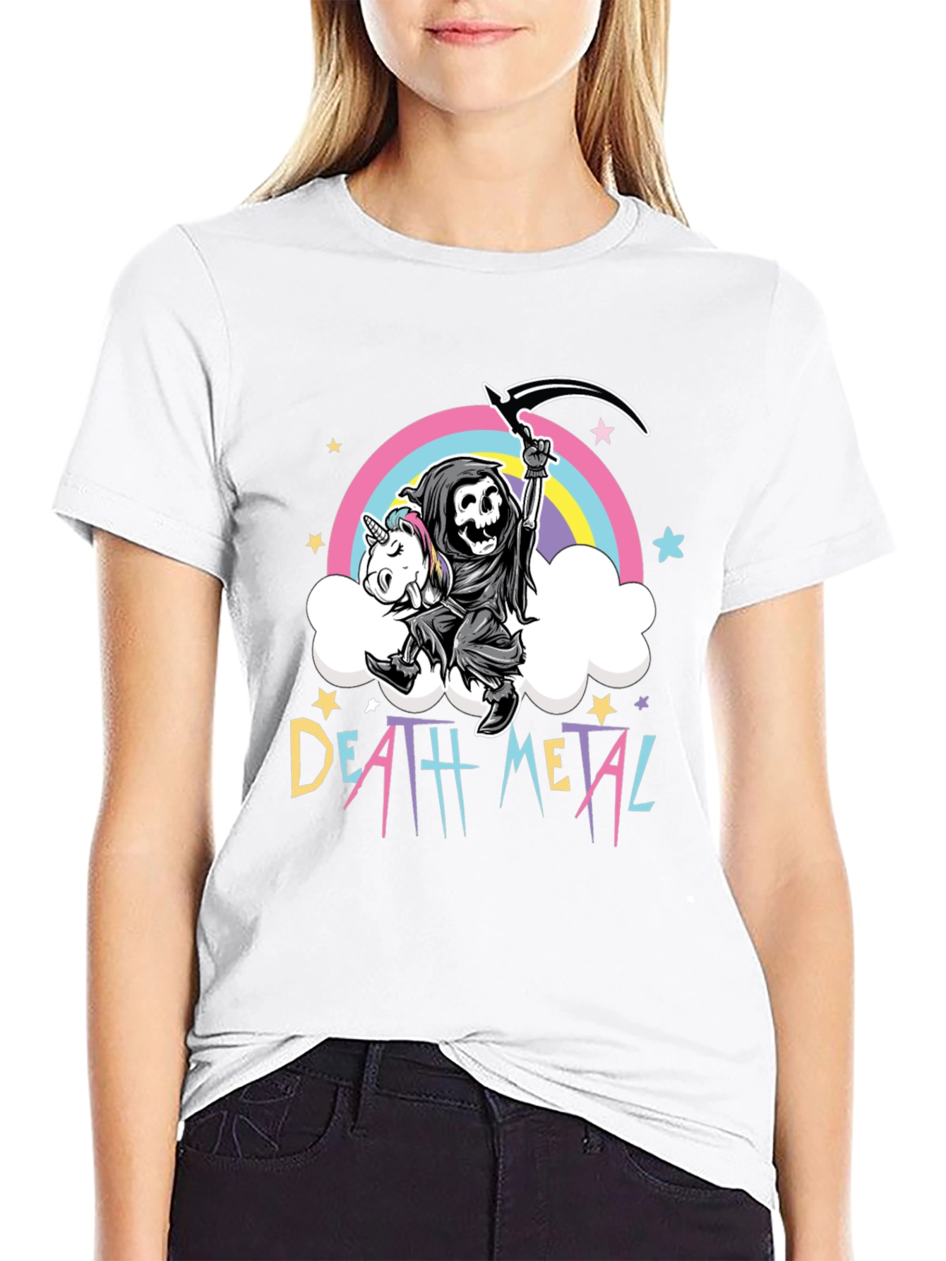 Black Death Metal Grim Reaper Unicorn T-Shirt view 9