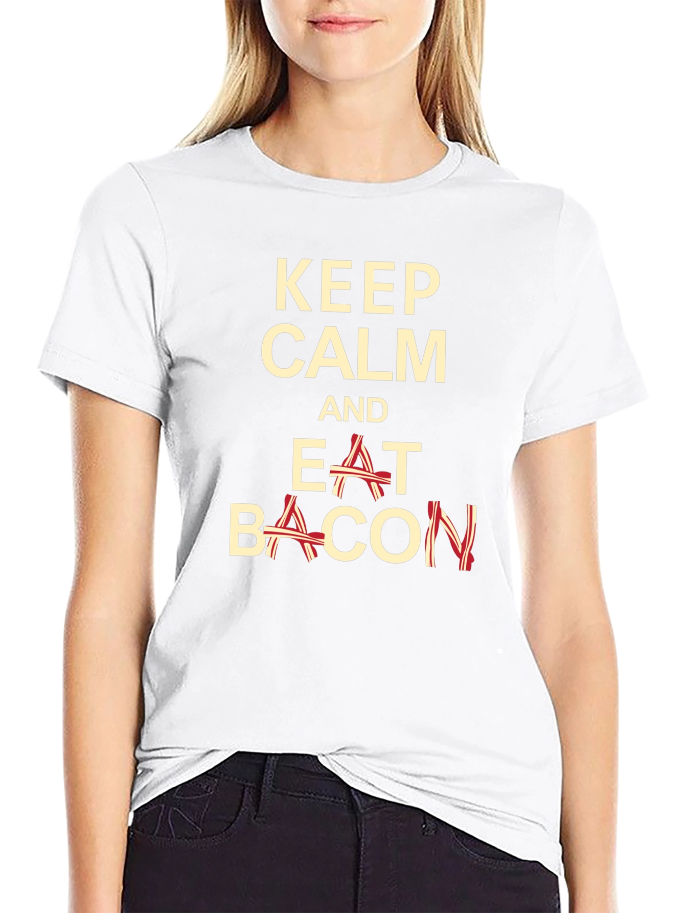 Black Keep Calm and Eat Bacon Funny T-Shirt view 9