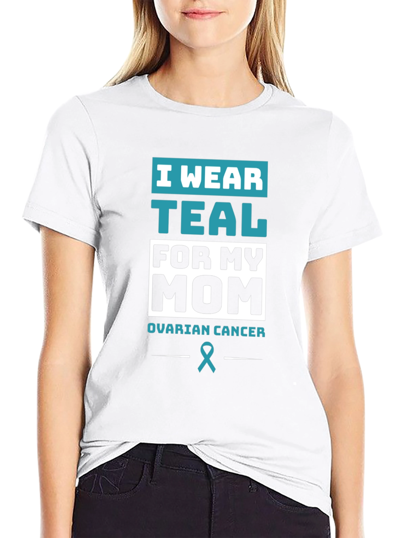 Black Teal Ribbon Ovarian Cancer Awareness T-Shirt view 9