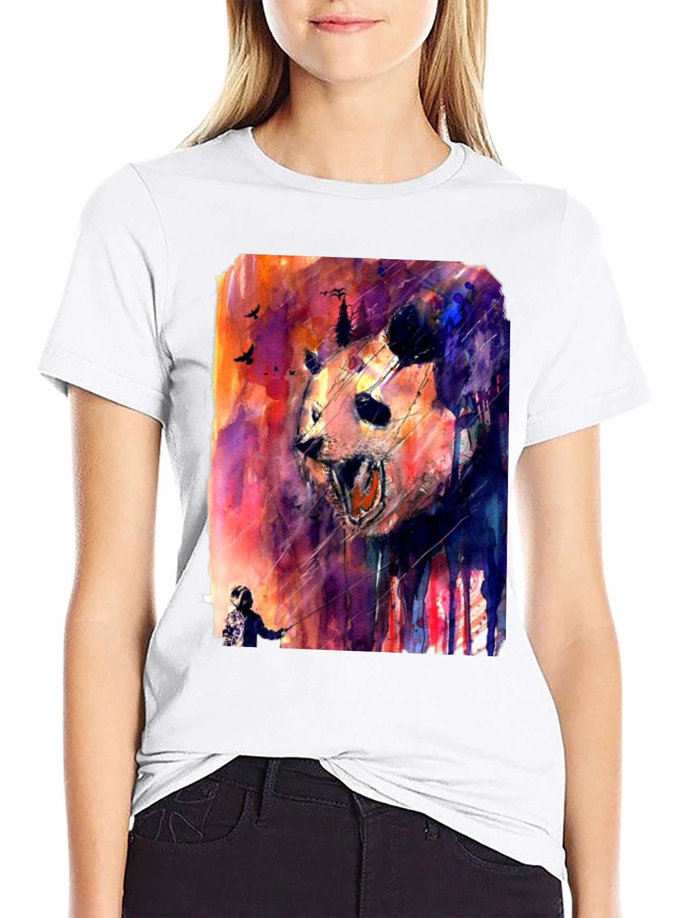 Black Panda Watercolor Graphic Print Black T-Shirt view 9
