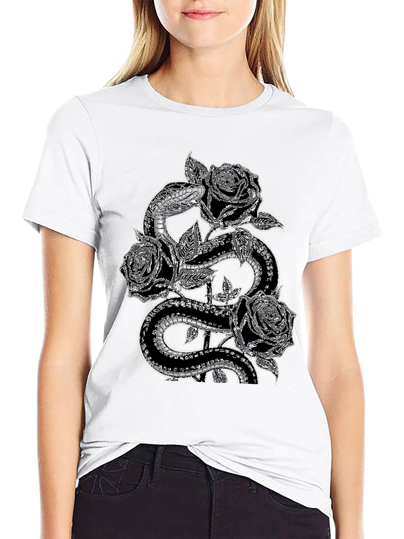 Black Snake & Roses Graphic Tee - Stylish Black T-Shirt view 9