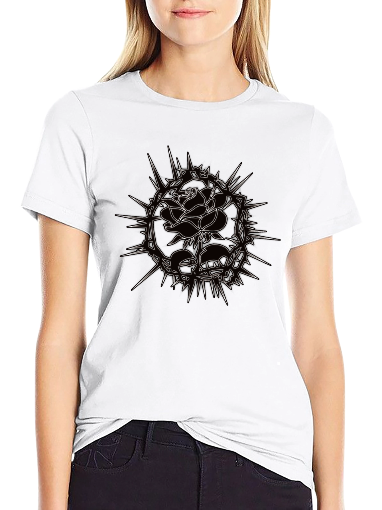 Black Edgy Rose Graphic Tee - Black Cotton T-Shirt view 9