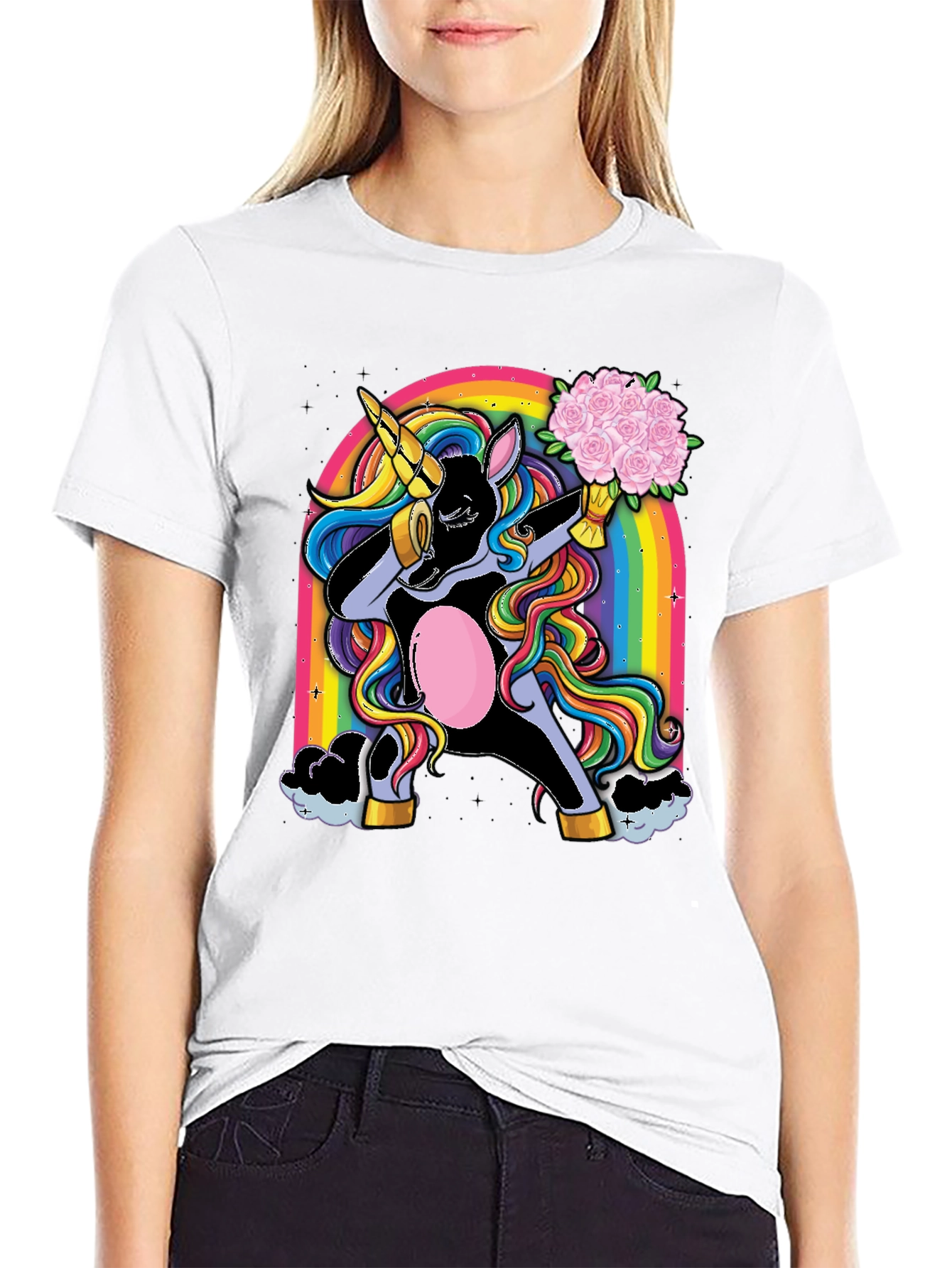 Black Dabbing Unicorn T-Shirt - Rainbow & Flowers view 9