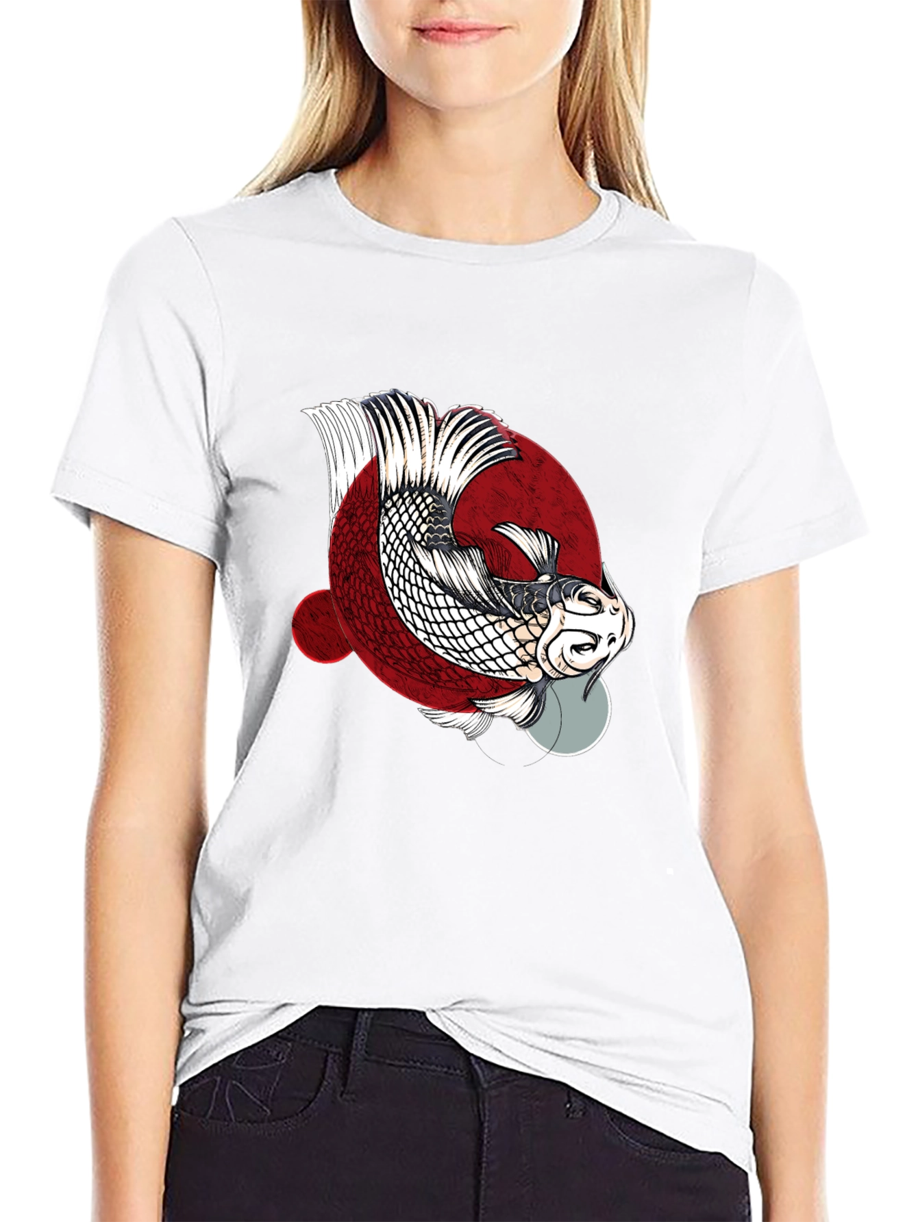 Black Koi Fish Graphic Print Crew Neck T-Shirt view 9