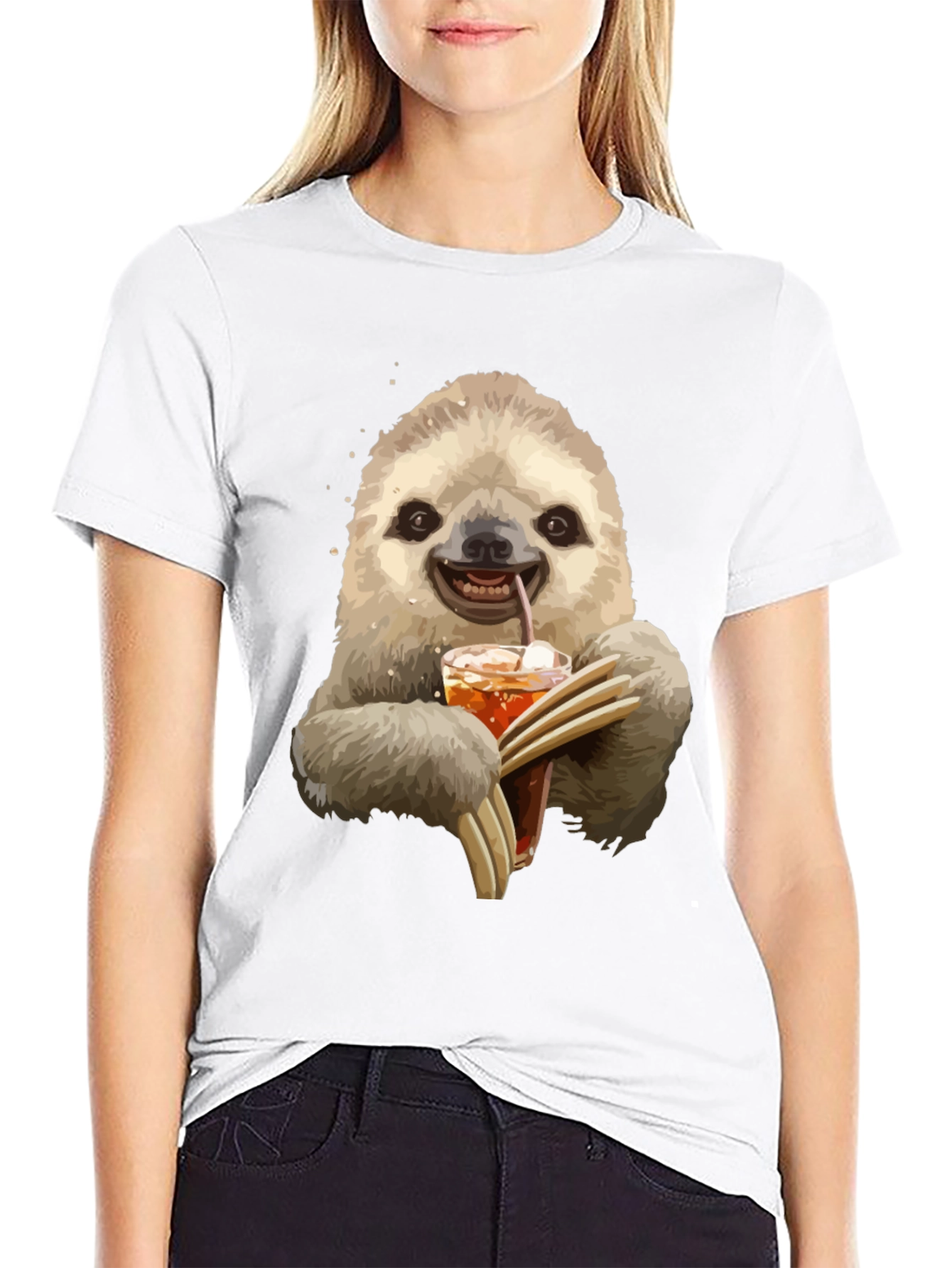 Black Sloth Drinking Iced Tea Graphic T-Shirt view 9
