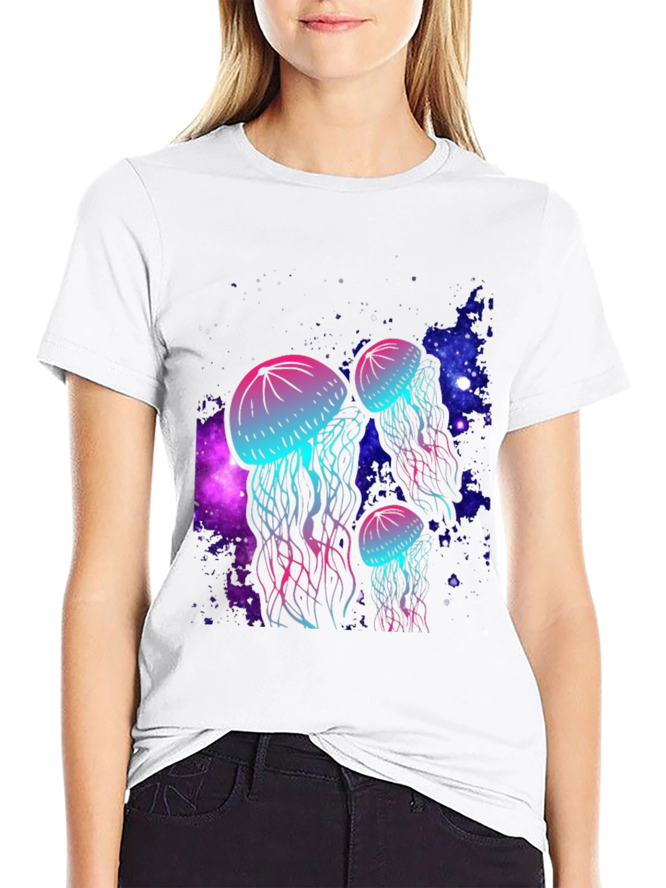Black Neon Jellyfish Galaxy T-Shirt view 9