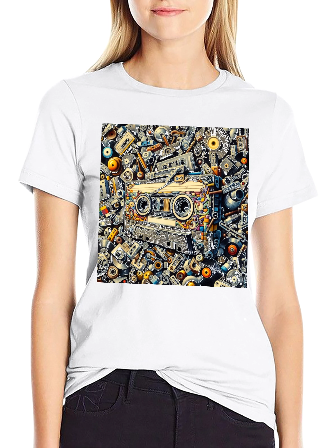 Black Cassette Tape Collage Graphic Tee - Retro Style view 9