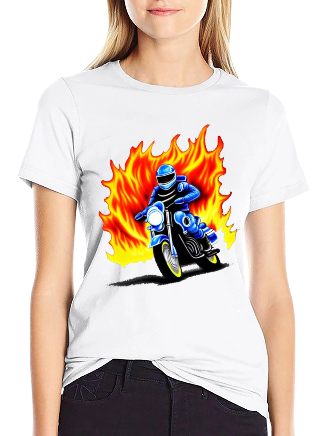 Black Men's Graphic T-Shirt - Motorcycle Rider in Flames view 9