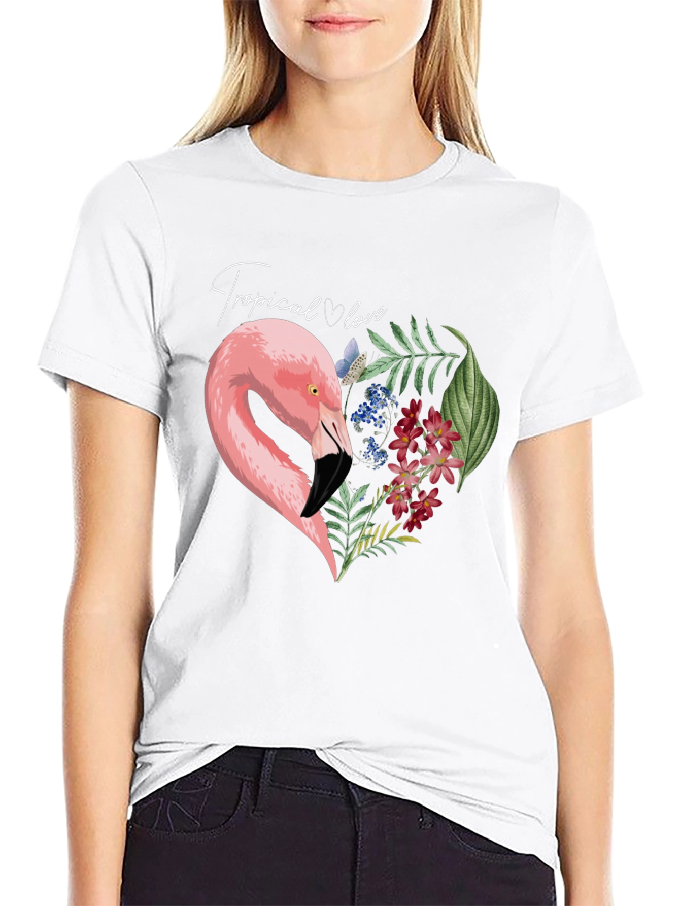 Black Tropical Flamingo Heart Graphic Tee - Black view 9