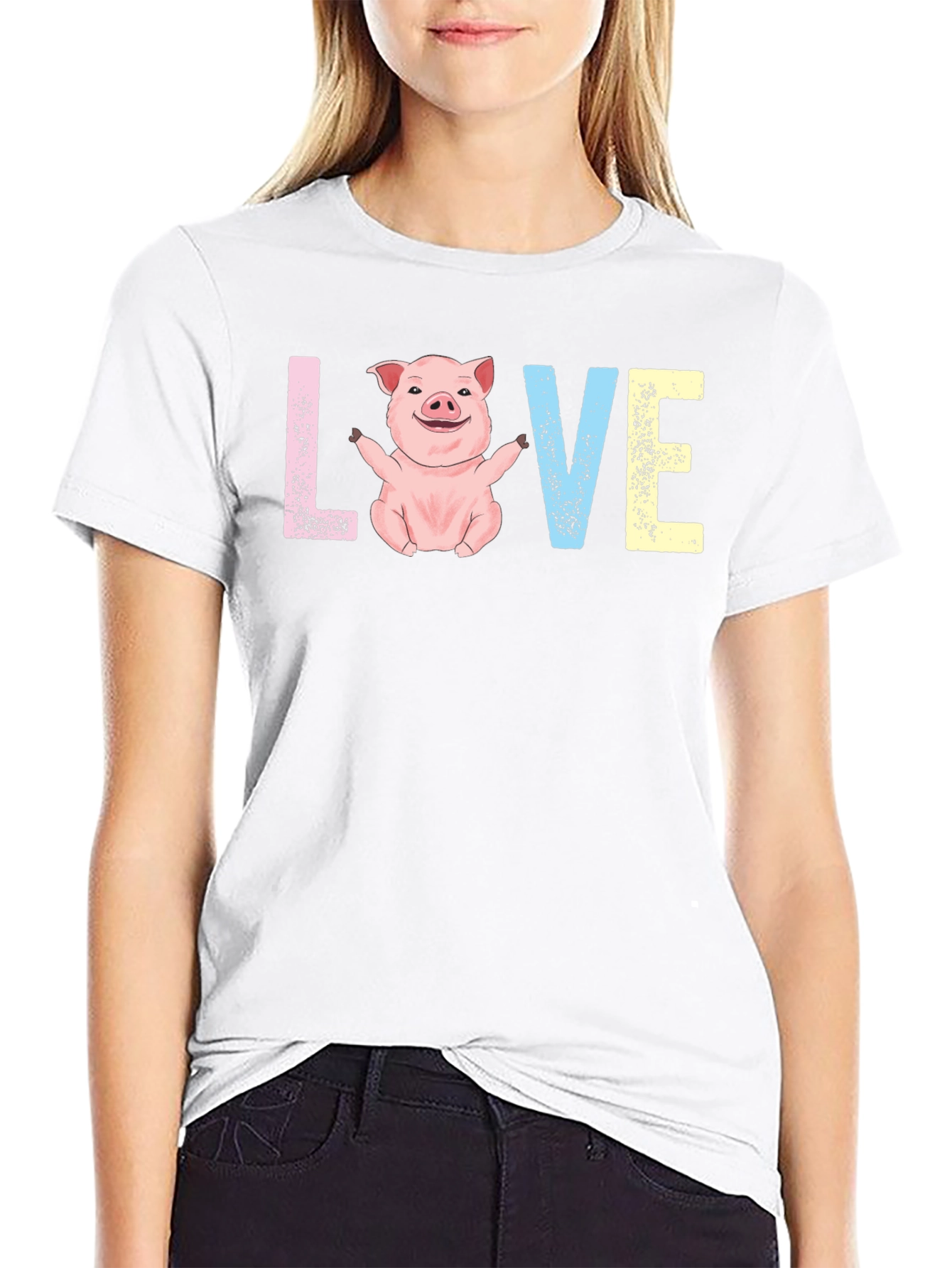 Black Cute Pig LOVE Graphic T-Shirt - Unisex Crew Neck view 9
