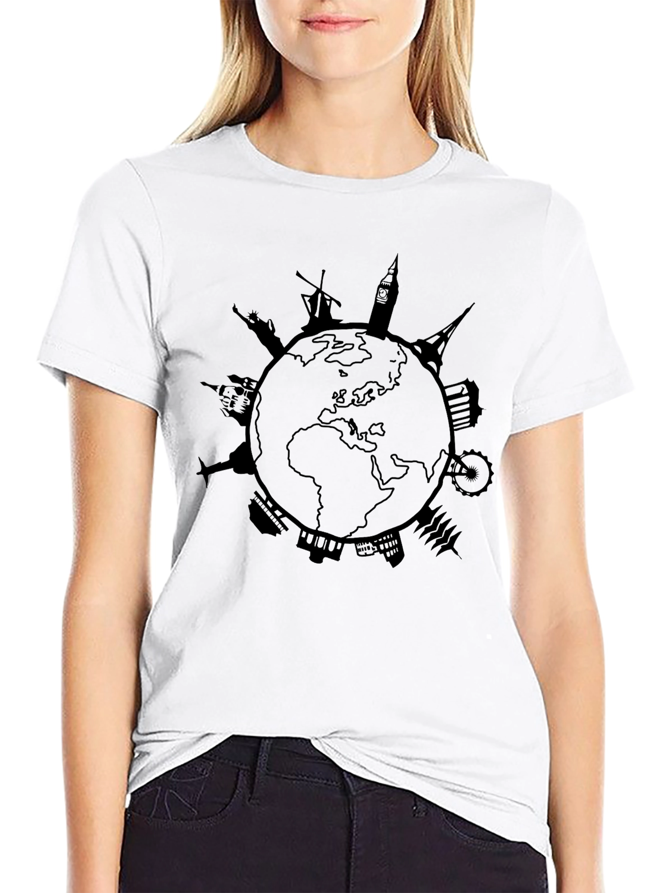 Black World Landmark T-Shirt - Travel Graphic Tee view 9