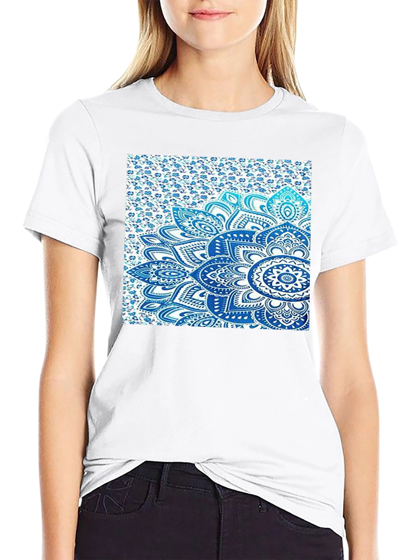 Men's Black Tee with Blue Mandala Print - 9