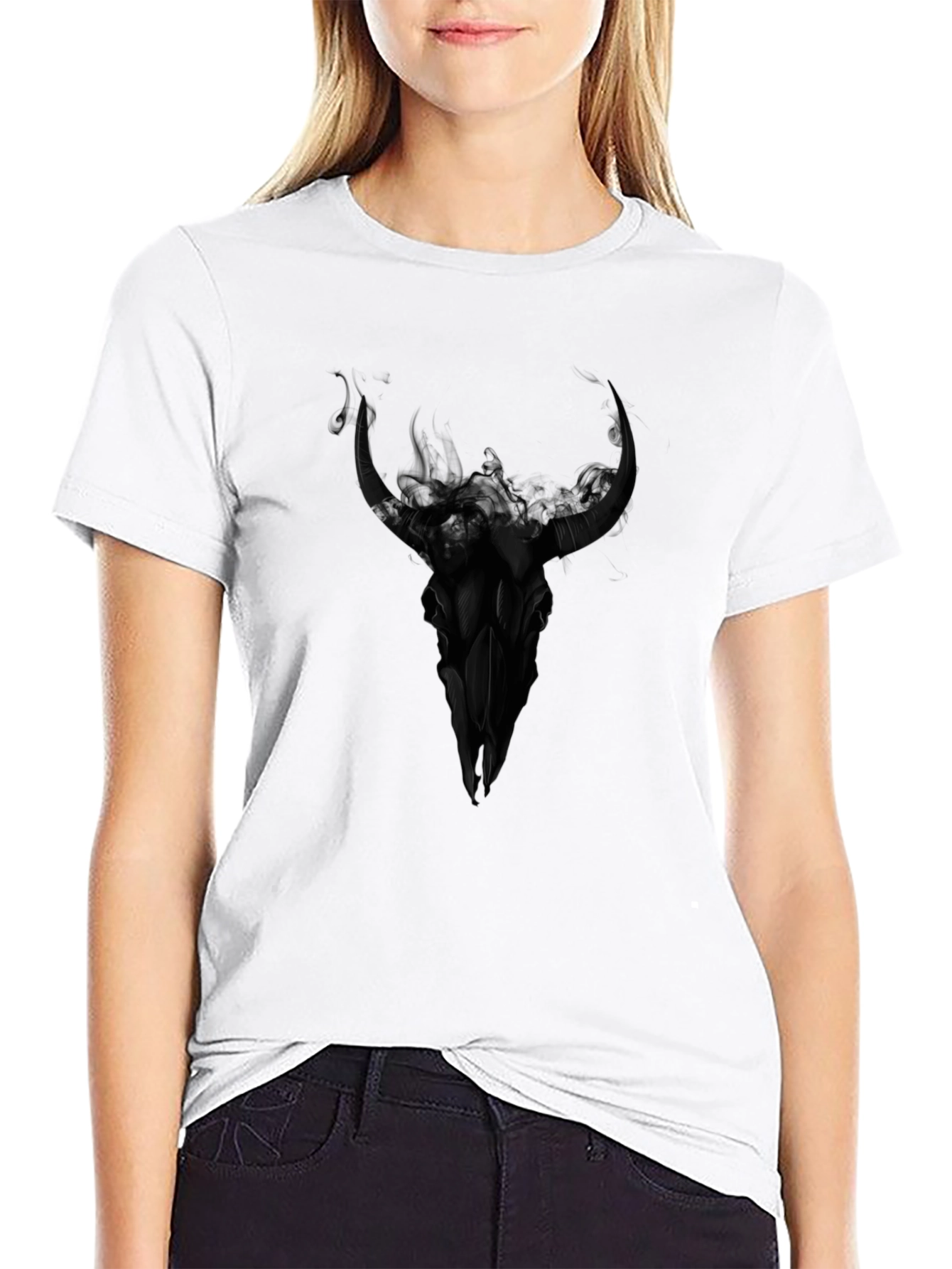 Black Black Bull Skull Graphic Tee - Dark Aesthetic T-Shirt view 9