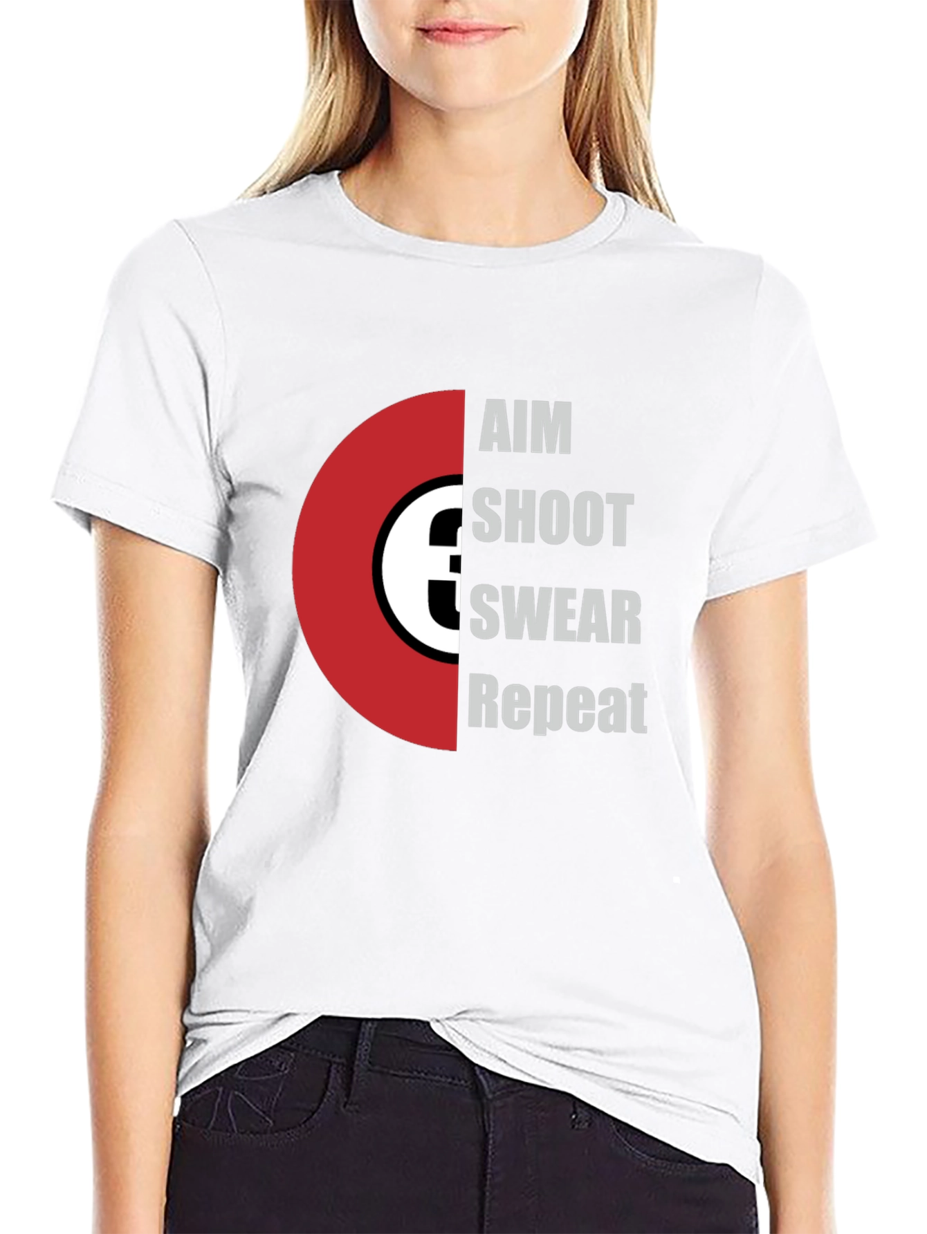 Black Aim Shoot Swear Repeat T-Shirt - Funny Gamer Tee view 9