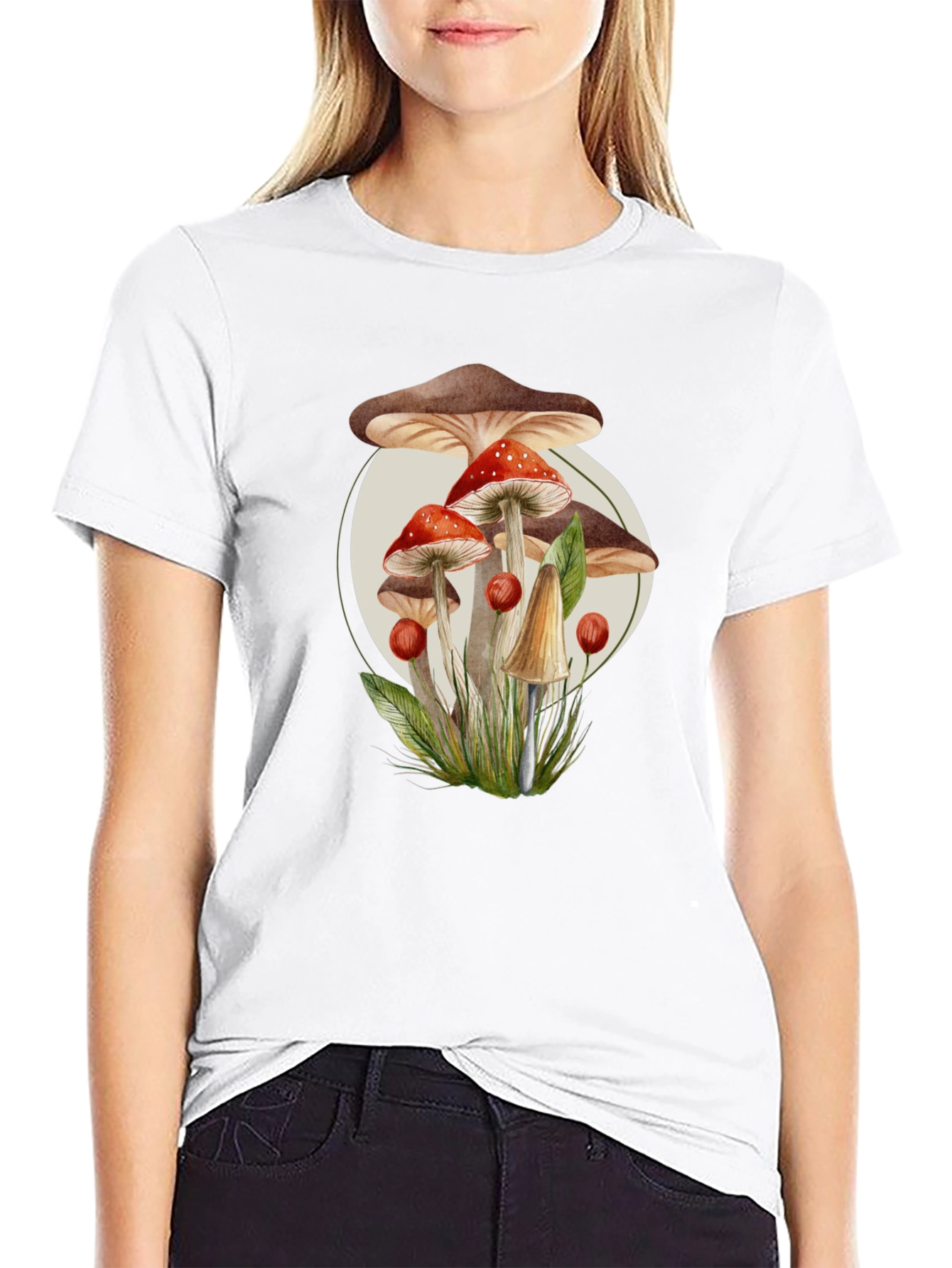 Black Mushroom Print Black T-Shirt - Unique Nature Design view 9