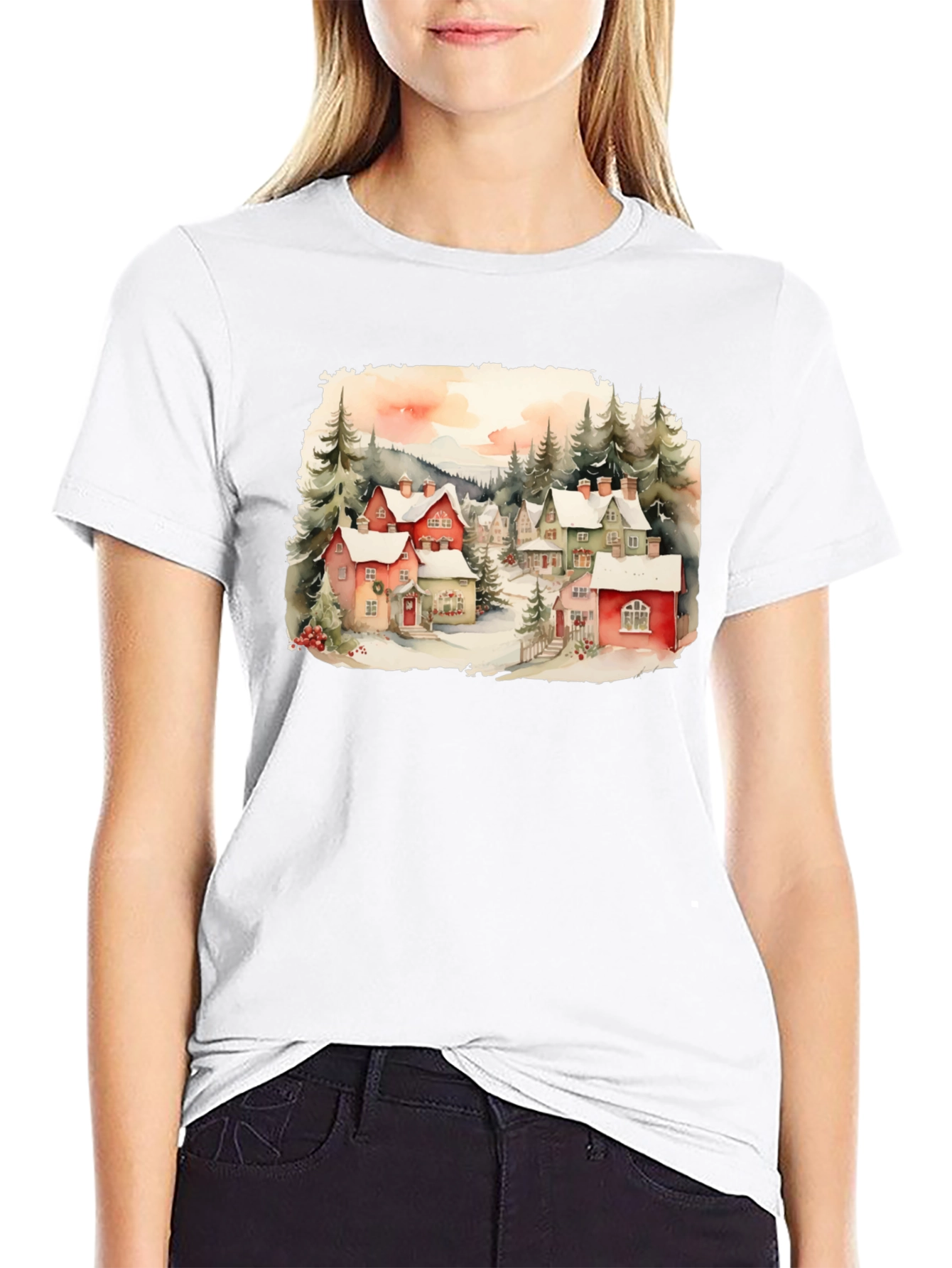 Black Watercolor Winter Village T-Shirt view 9