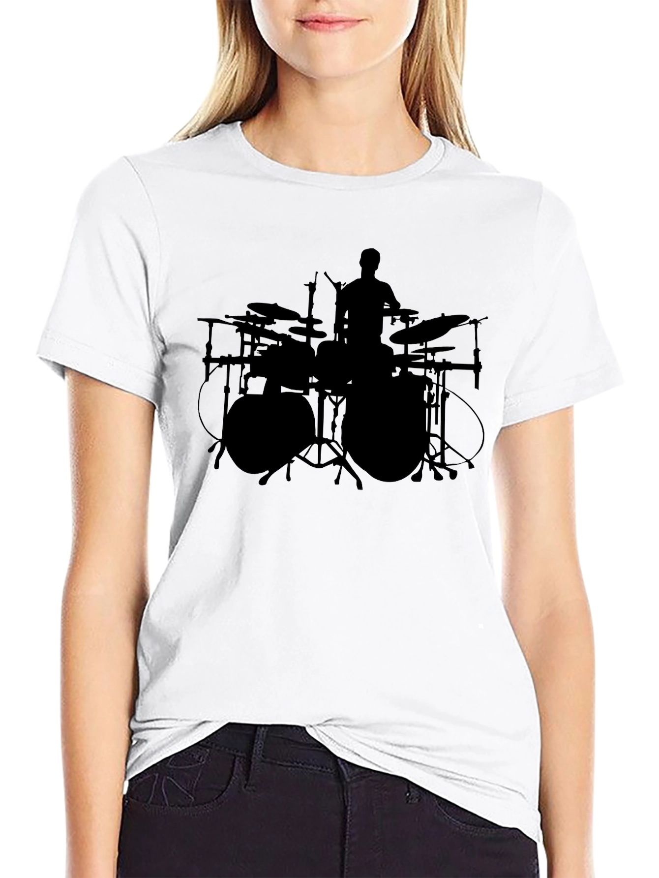 Black Drummer Silhouette Graphic Tee - Black Cotton Crew Neck view 9