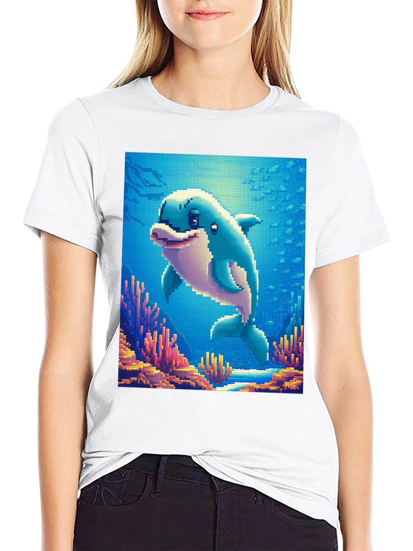 Black Pixel Dolphin Graphic Tee - Underwater Adventure Shirt view 9