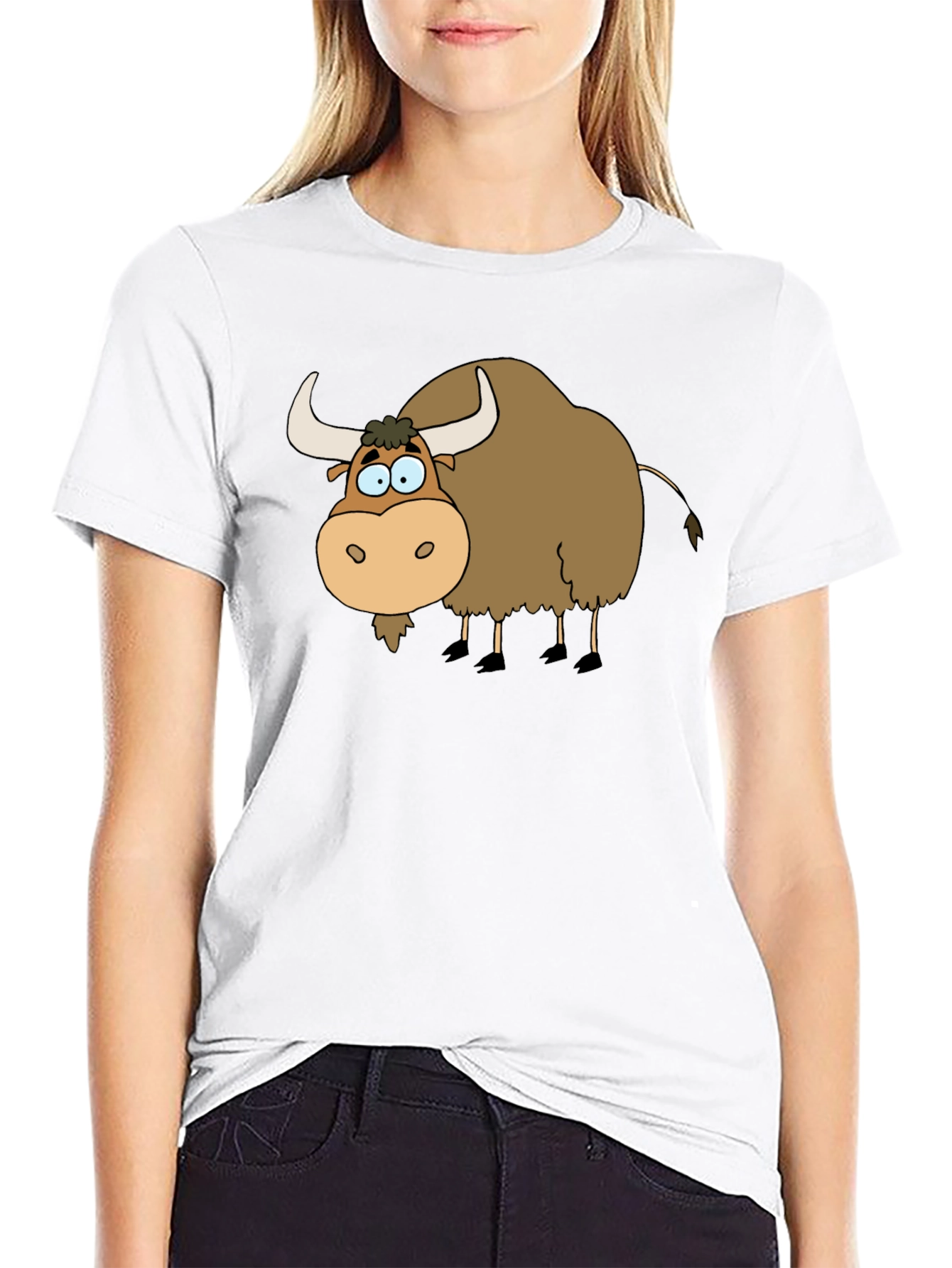 Black Cartoon Yak Graphic Tee - Black Cotton T-Shirt view 9