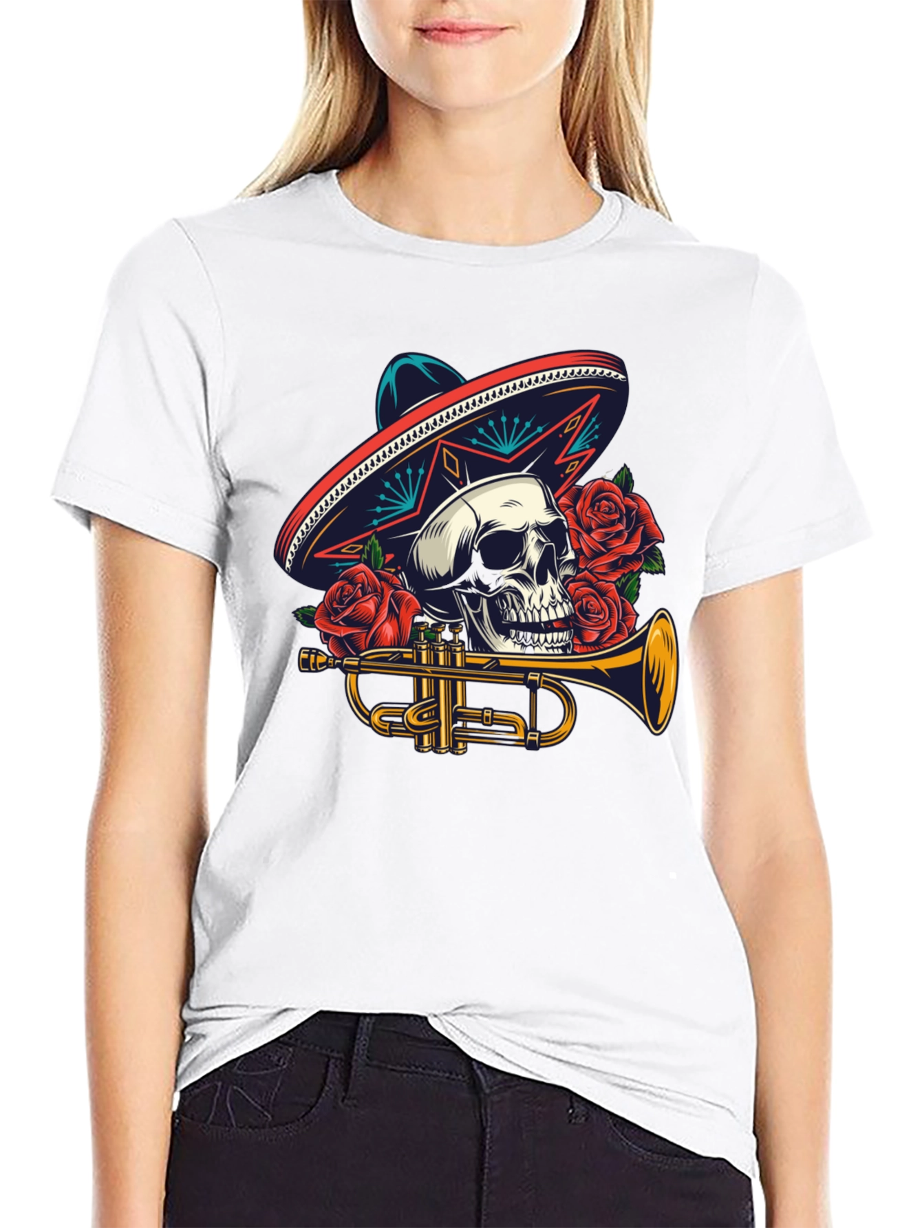 Black Skull Sombrero Trumpet Graphic Tee view 9