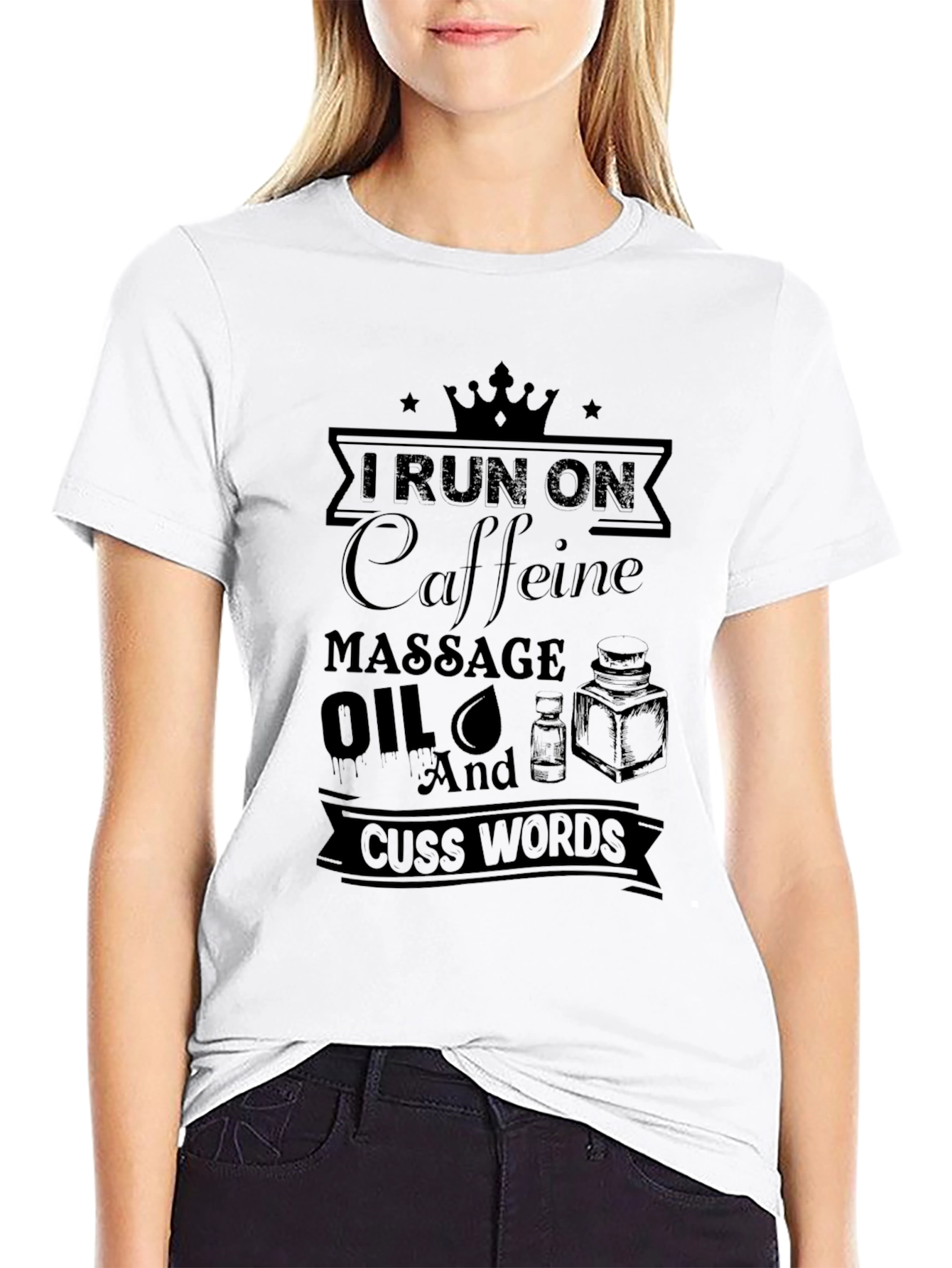 Black Funny Massage Therapist T-Shirt - Caffeine & Cuss Words view 9