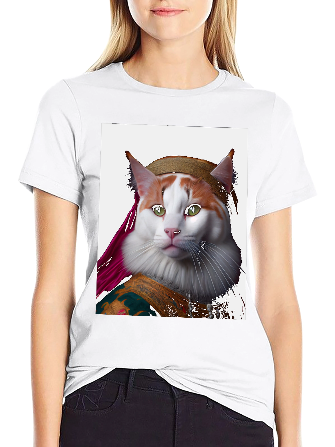 Black Mona Lisa Cat T-Shirt - Artful Feline Portrait view 9