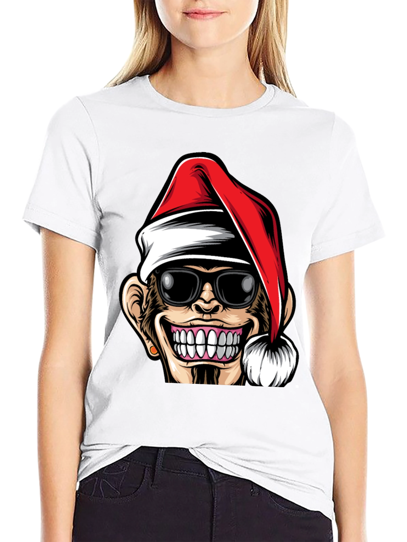 Black Funny Monkey Santa Hat T-Shirt view 9