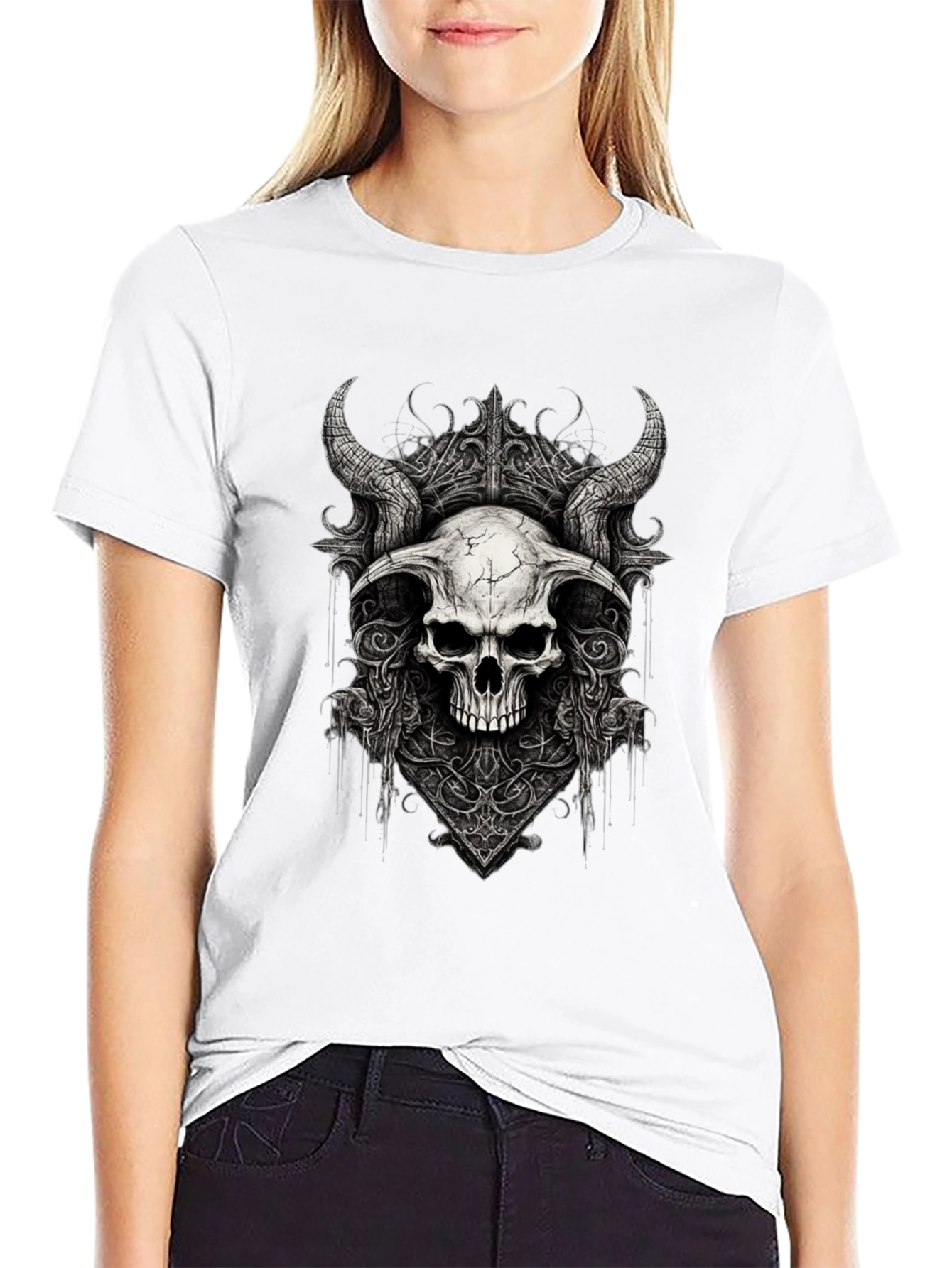 Black Black Skull Horns Graphic Tee view 9
