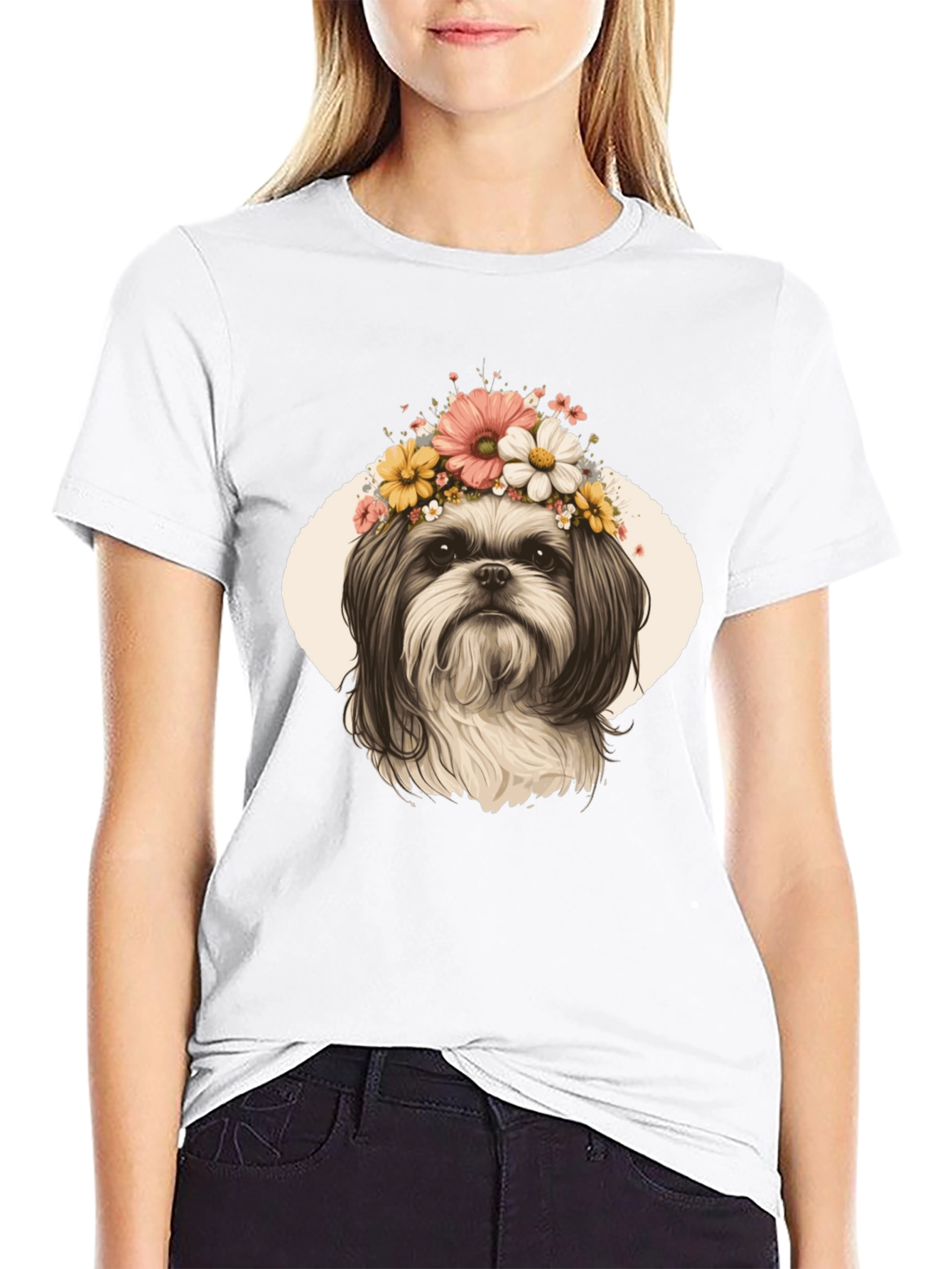 Black Dog with Flower Crown Graphic T-Shirt view 9