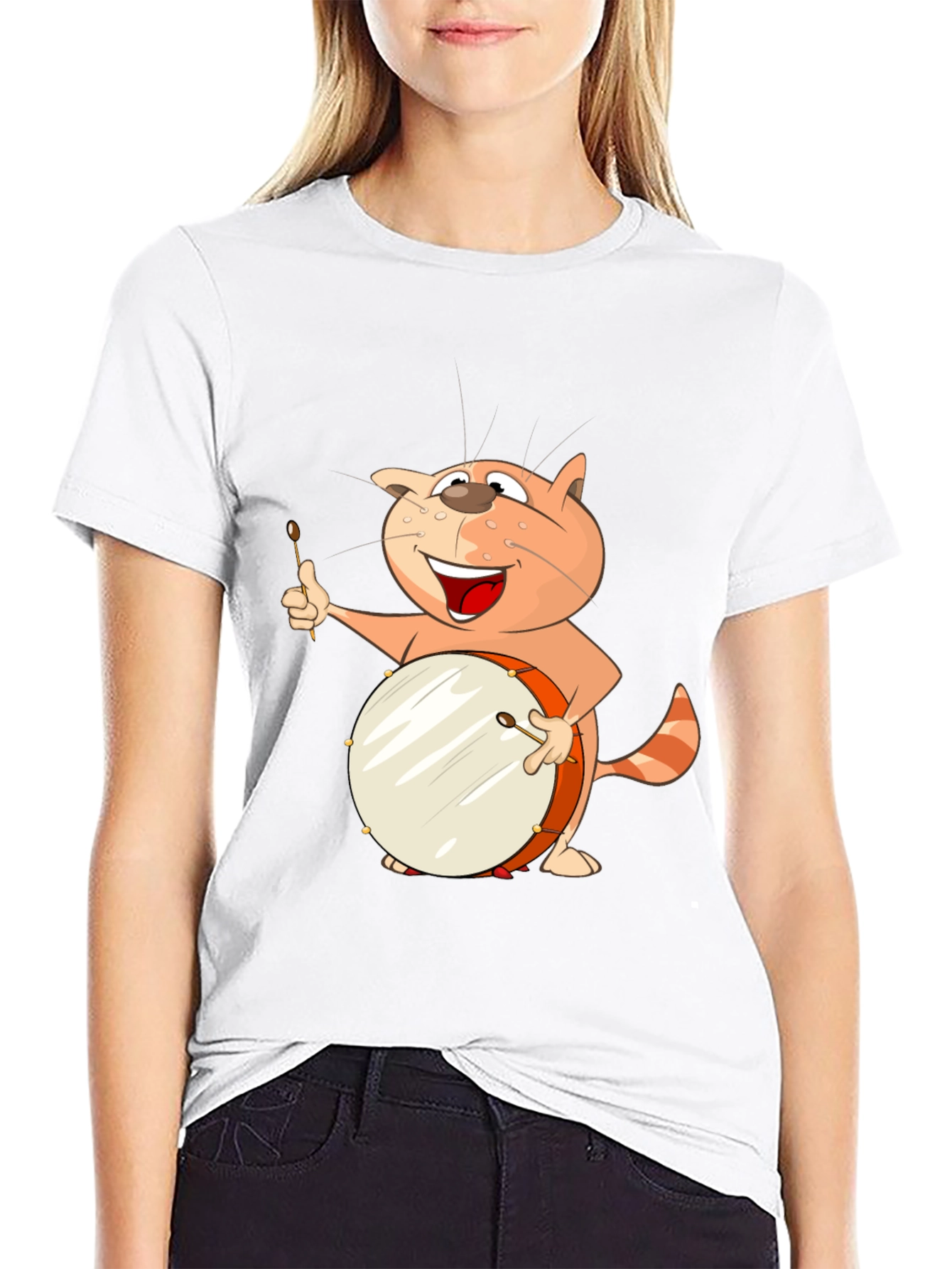 Black Funny Cat Drummer T-Shirt view 9