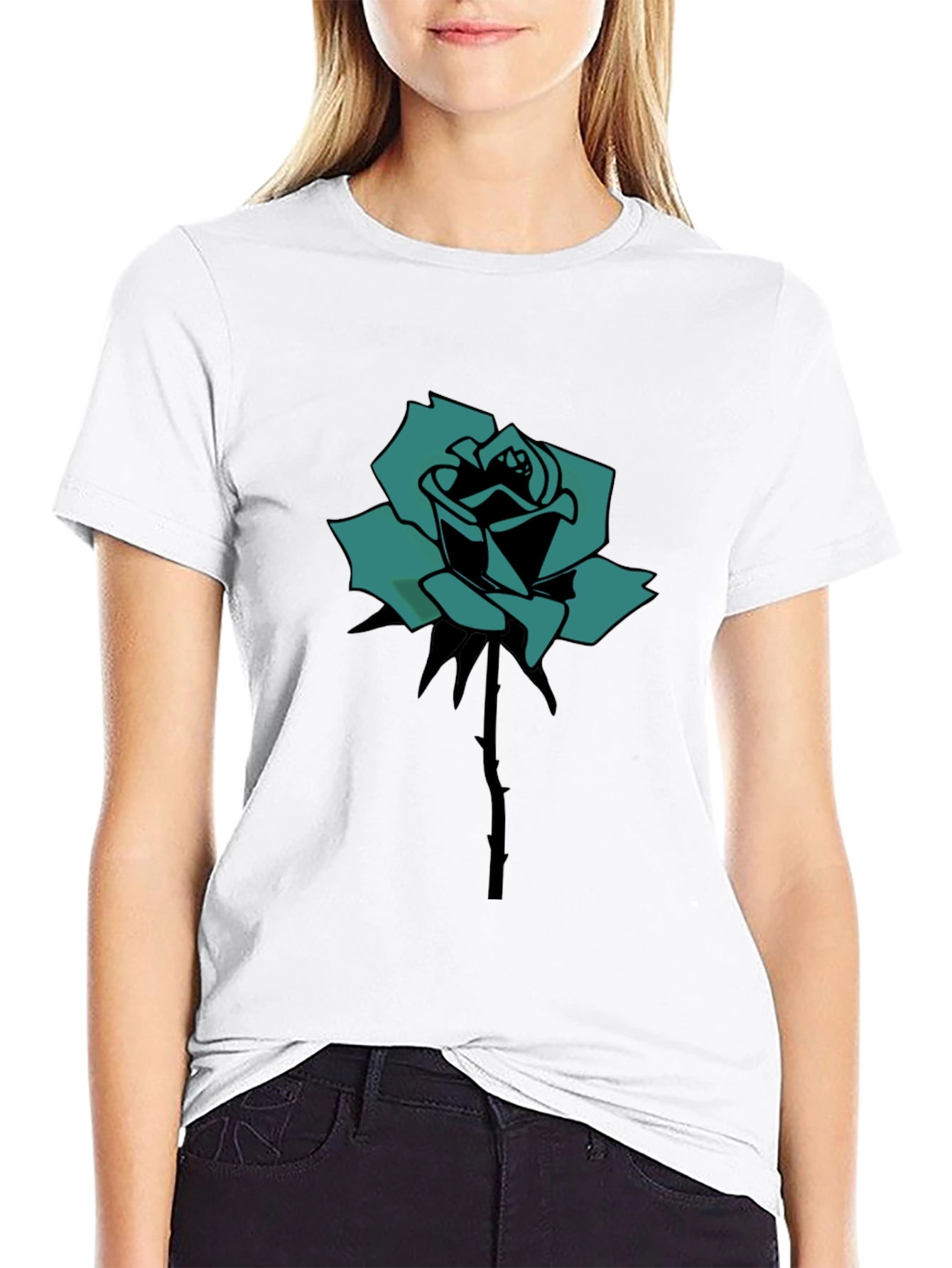 Black Black T-Shirt with Teal Rose Print view 9