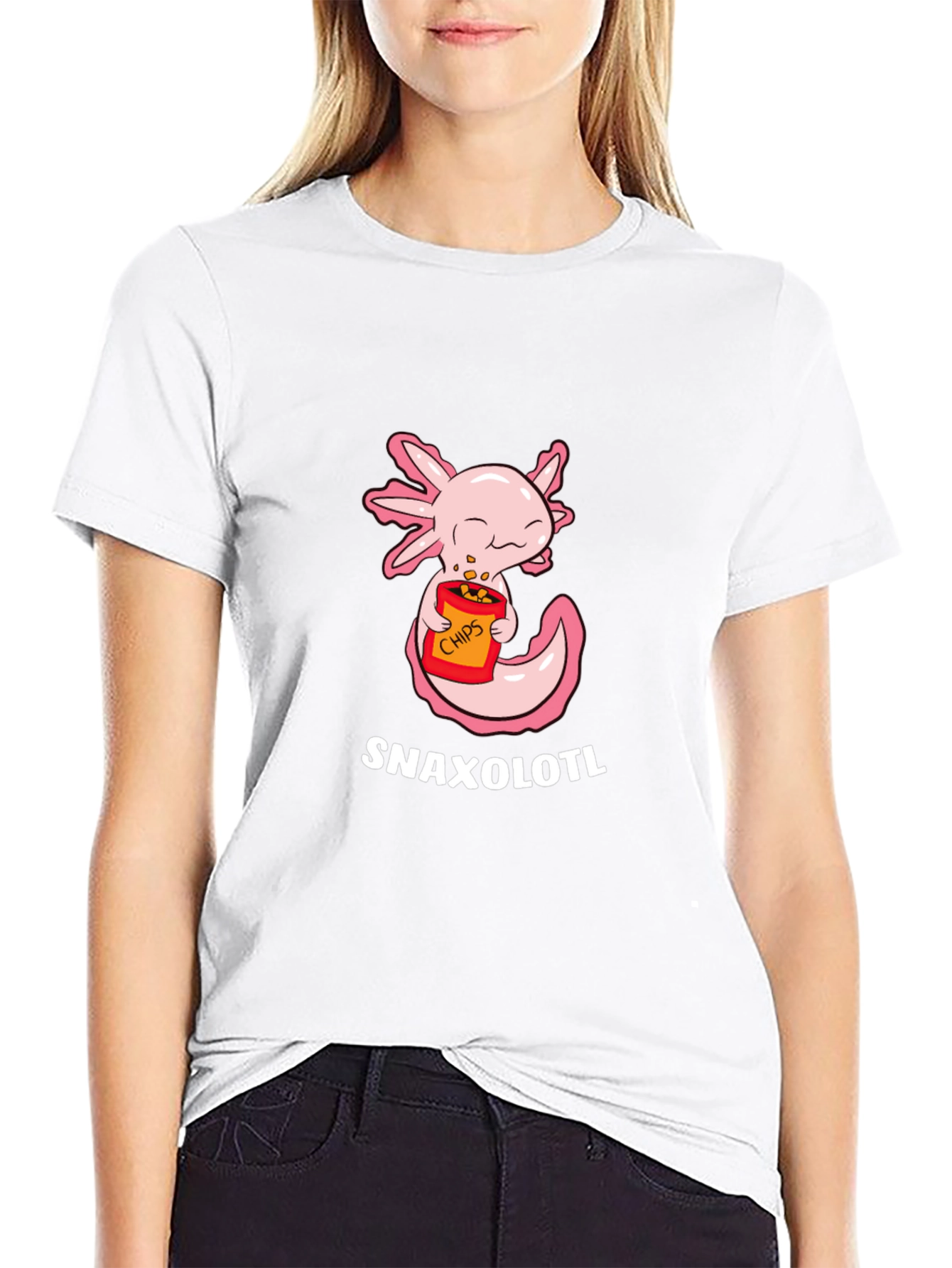 Black Snaxolotl T-Shirt - Cute Axolotl Eating Chips! view 9