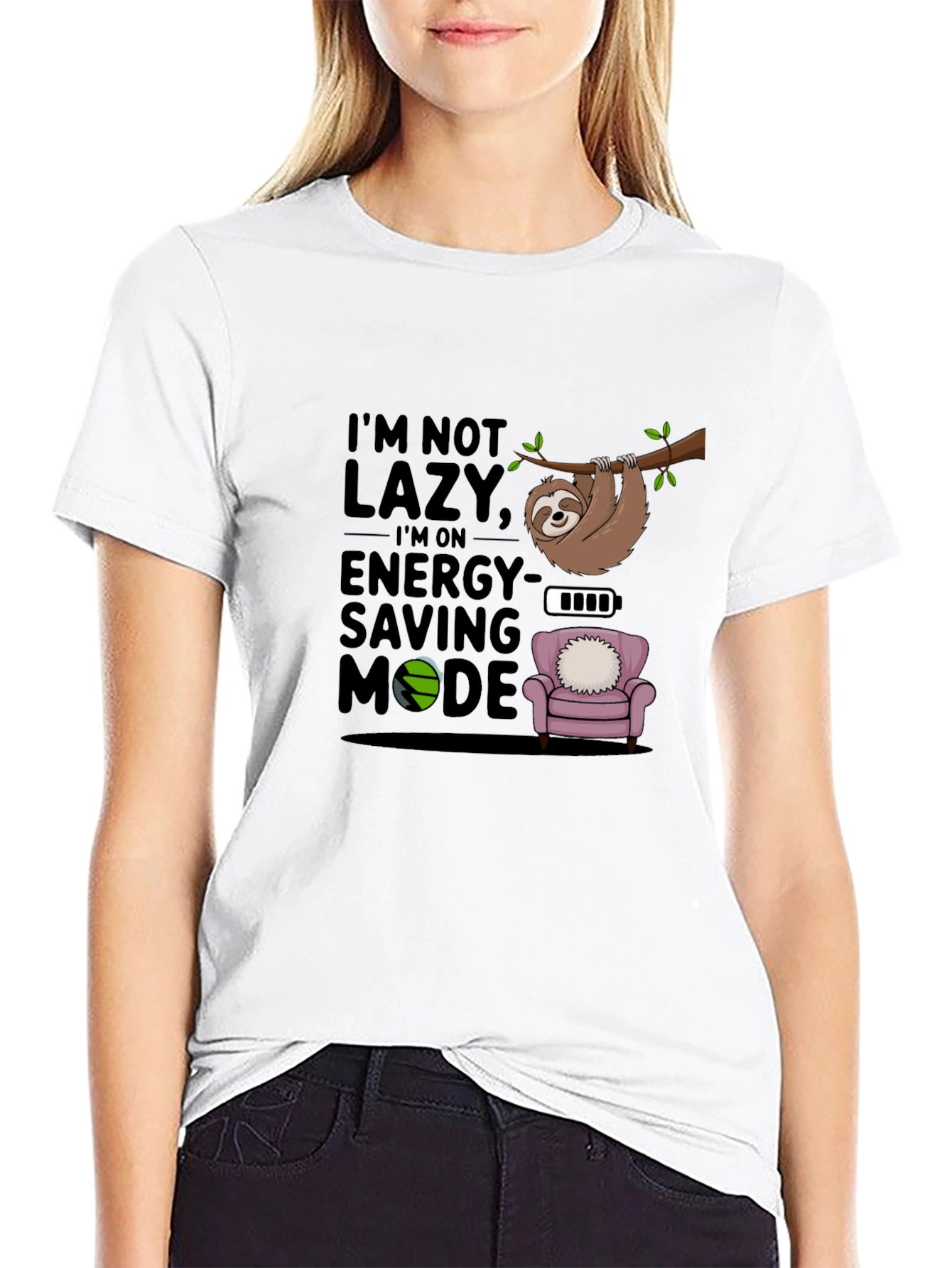 Black I'm Not Lazy T-Shirt, Sloth Energy Saving Mode Tee view 9