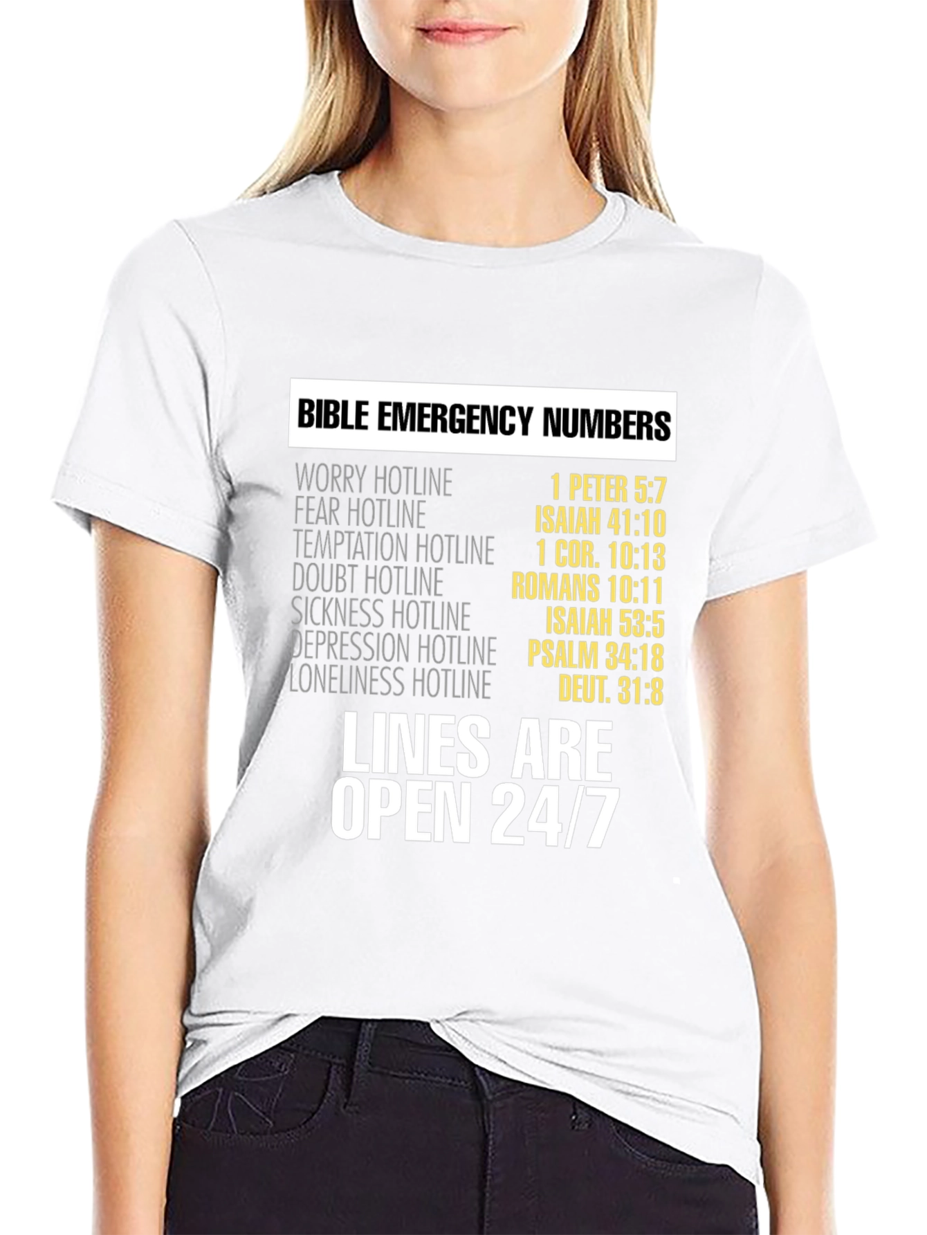 Bible Emergency Numbers T-Shirt - Lines Open 24/7 - 9